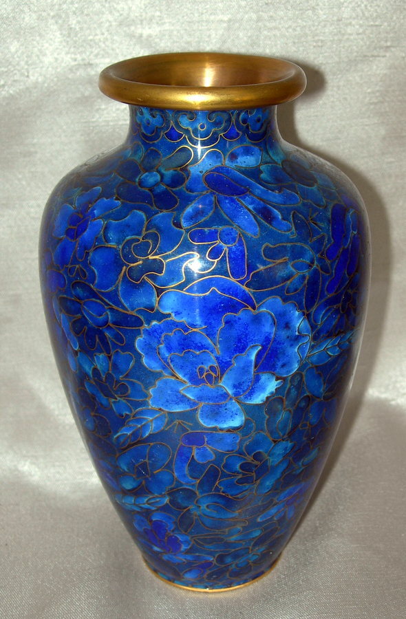 Beautiful Vintage Cloisonne Asian Vase Cobalt Blue Flowers 6.5″ Elegant!