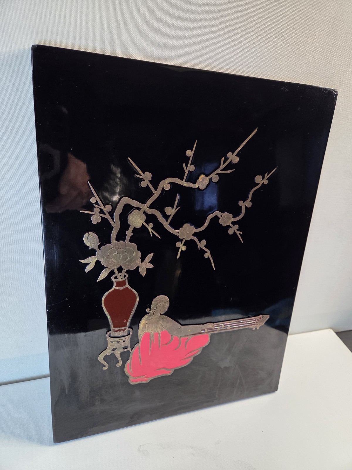 Vtg Asian Black Lacquer Mother of Pearl &Copper Wall Art Chinese 11×14 see pics