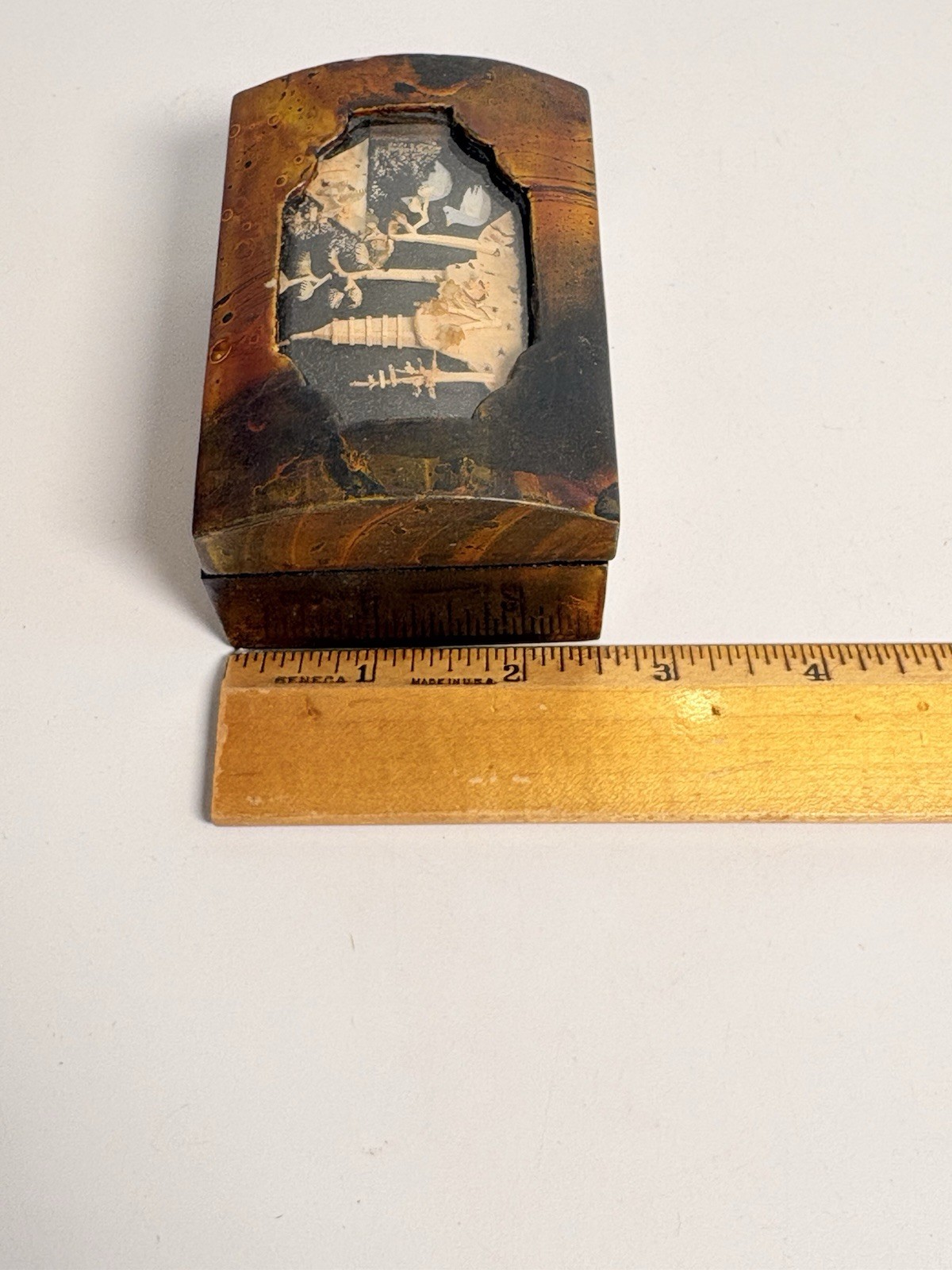 Vintage Chinese Lacquered Carved Cork Diorama Art Jewelry Box ~ Small with Lid