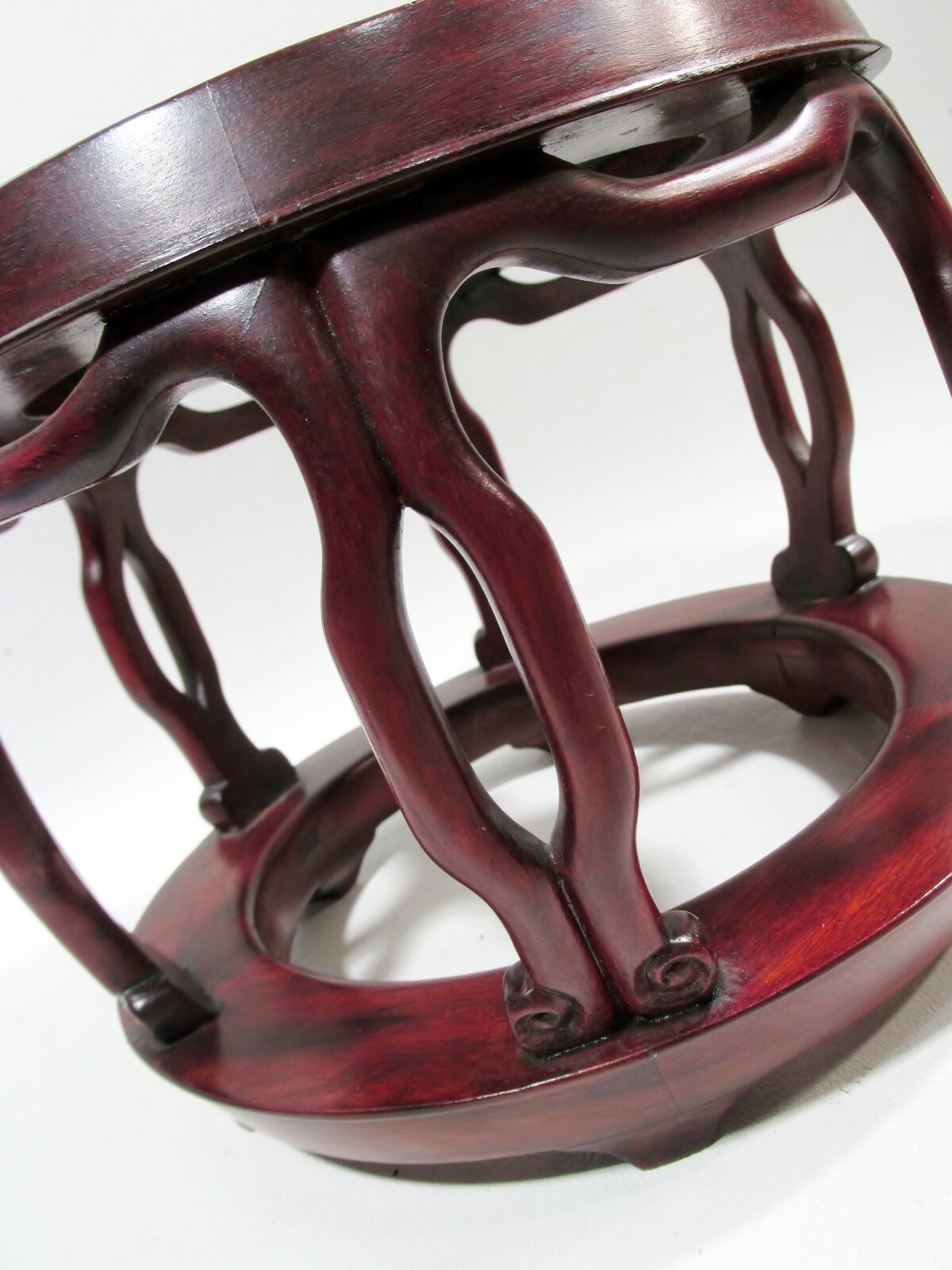 Old Chinese Carved Wood & Stone Small 8.5” Drum Table Stand Flower Vase