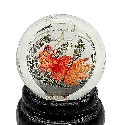 Mini Chinese Art Glass Reverse Hand Painted Koi Fish Sphere Globe with Stand
