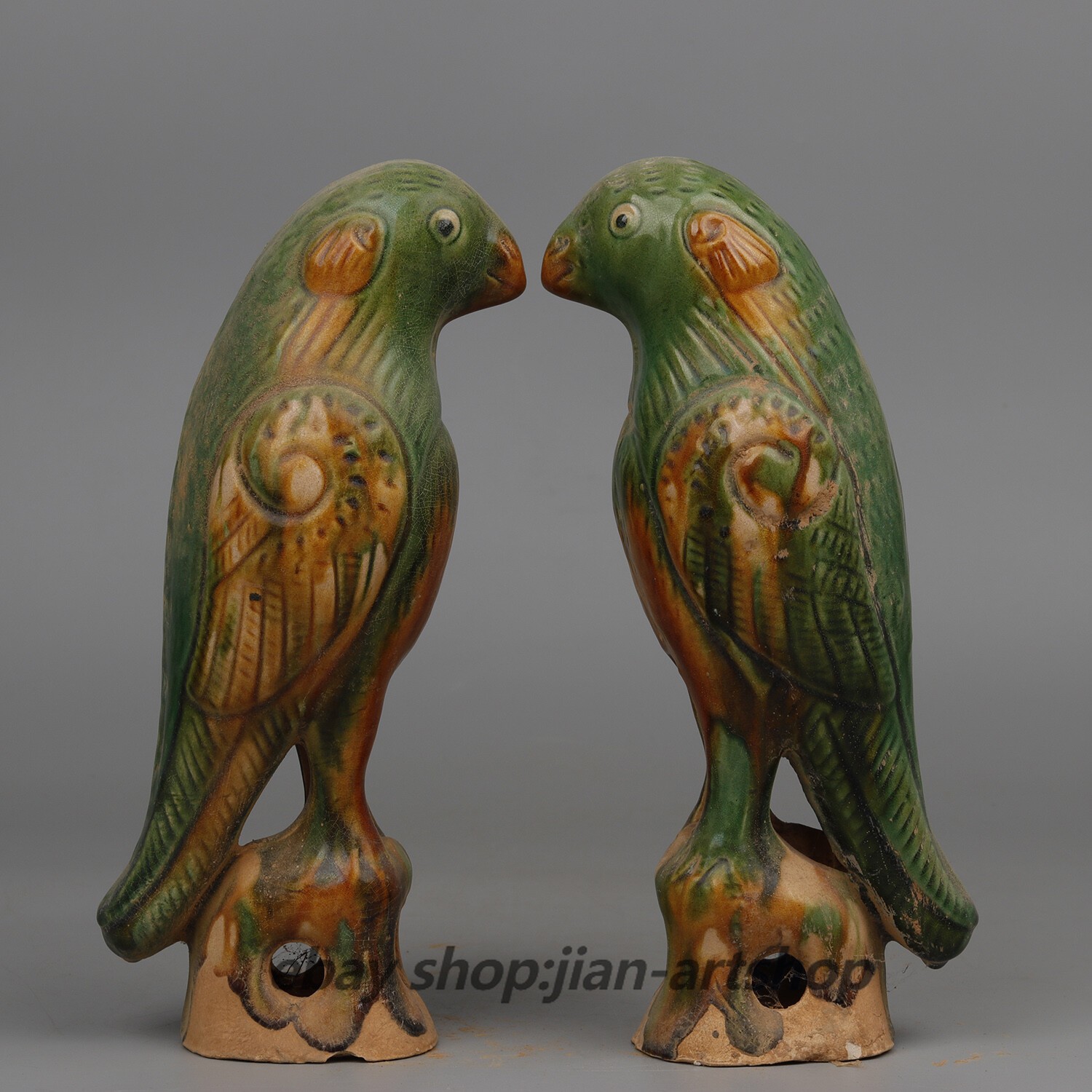 25CMChina Jingdezhen Tri-coloured Glazed Pottery Porcelain Duad Parrot Statues2
