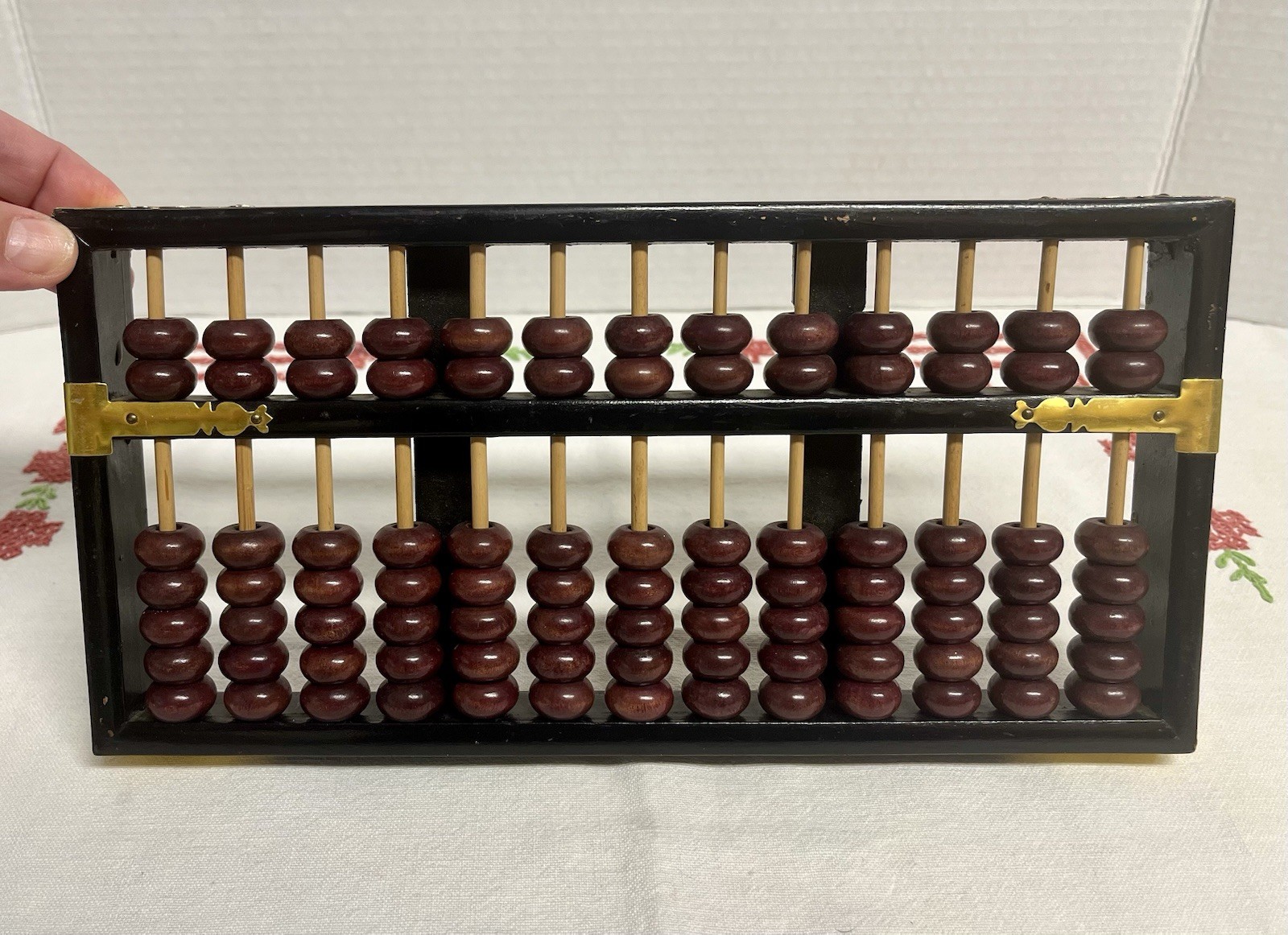 Vintage Chinese abacus black wooden frame brown beads brass reinforcements