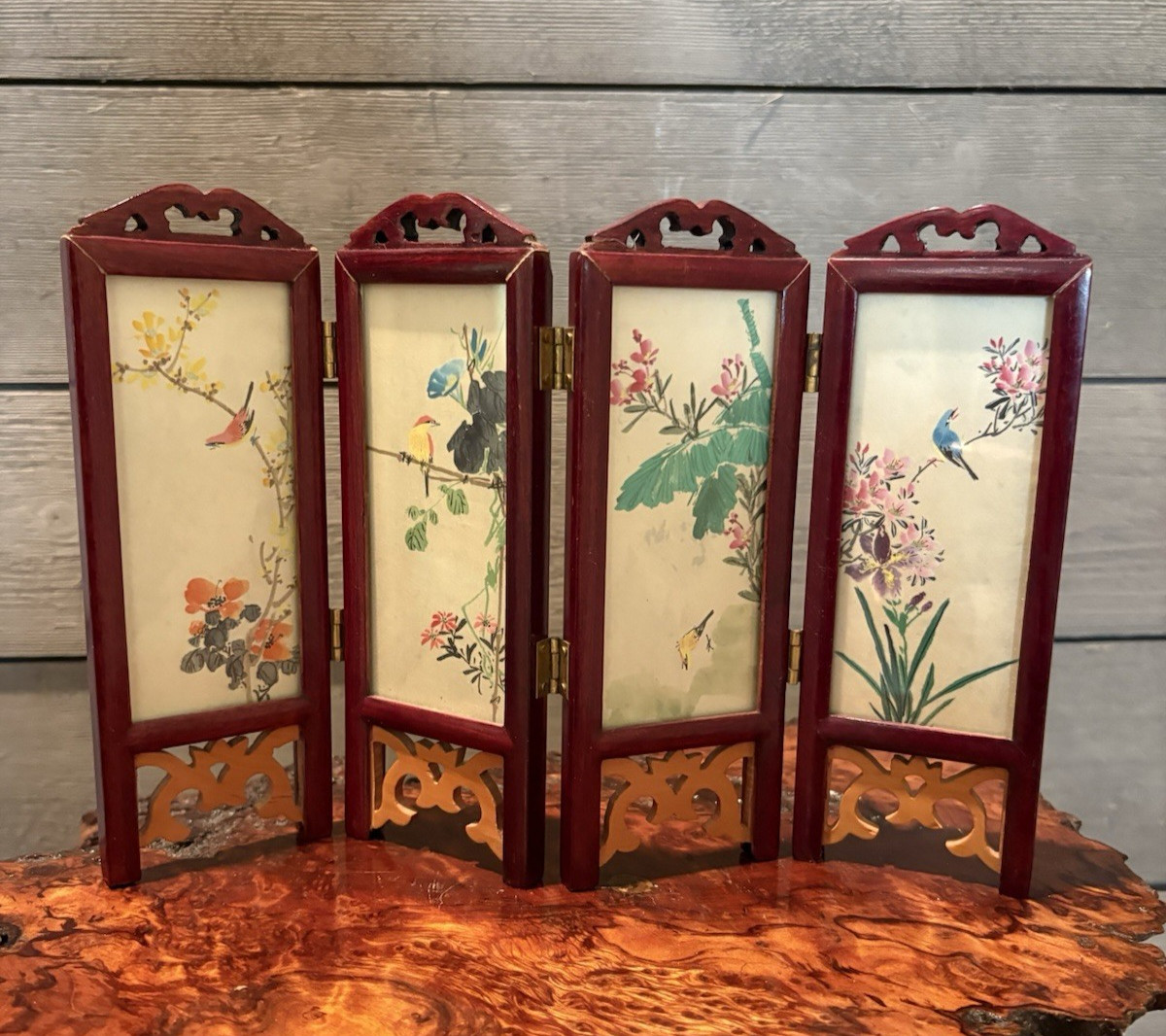 Vintage Chinese Oriental Mini Small Four Panel Table Screen Used