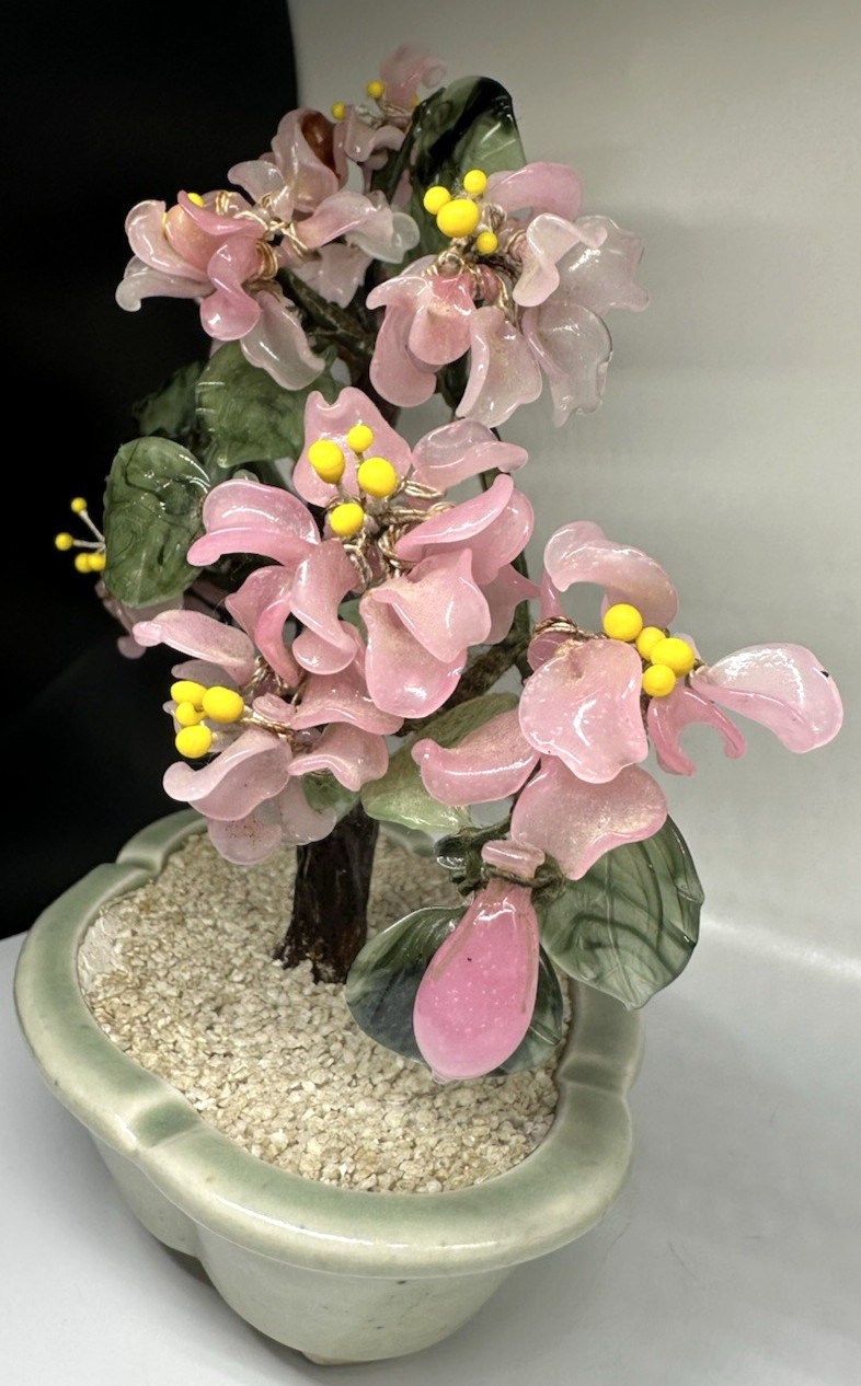 Vintage Chinese Bonsai Tree Glass Cherry Blossom Jade Leaves in Pot 9 ” X 9″