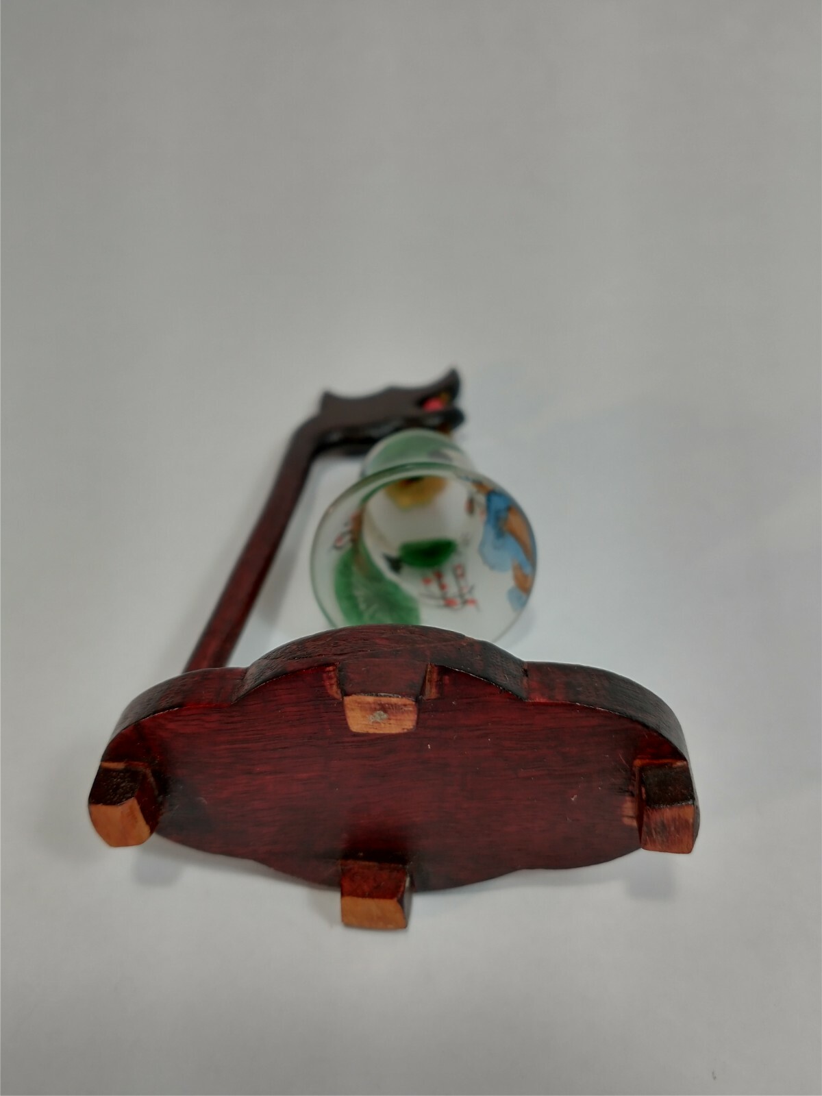Chinese Asia Reverse Painted Glass Bell w/ Wood Dragon Stand Crane Birds Design