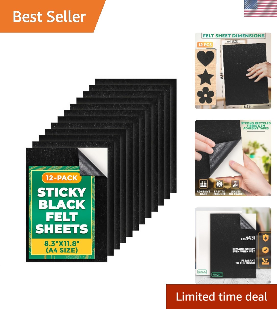 Craft Projects Made Easy: 12 A4 Black Felt Sheets with Adhesive – DIY Essential