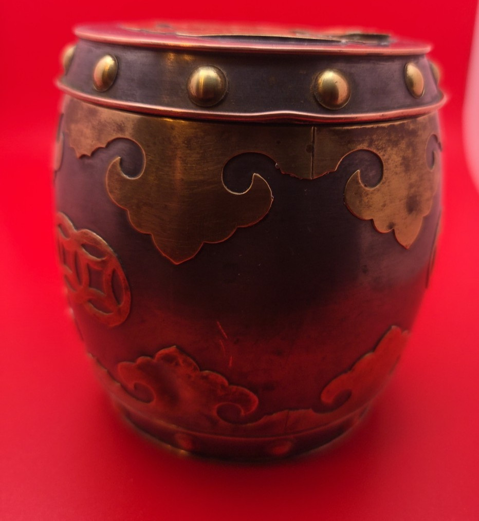 Vintage Chinese Solid Pewter & Brass Apporximately 3.5” Ornate Caddy Hong Kong