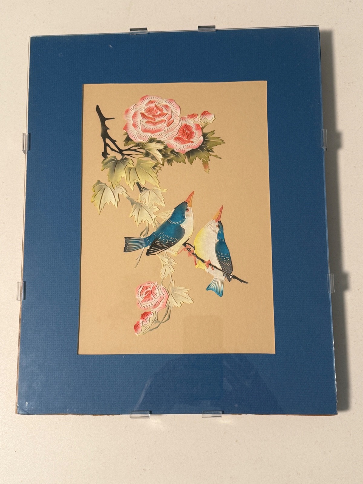 Vintage Asian Hand-Cut Bird & Flower Gouache Painting – Mid-Century Chinese ART