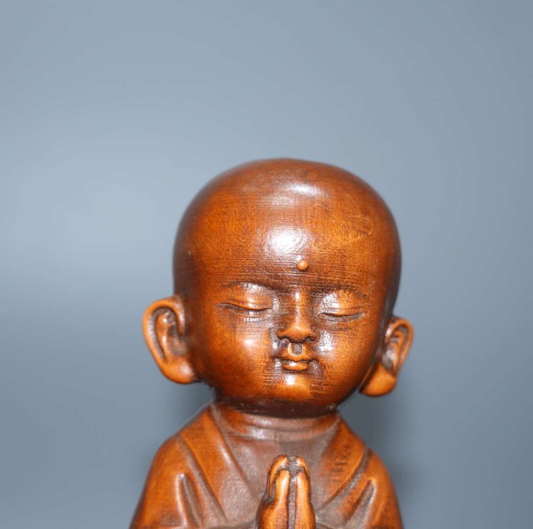 4.7″Collect China Box-wood Carving Small Little Monk Enlightenment Buddha Statue