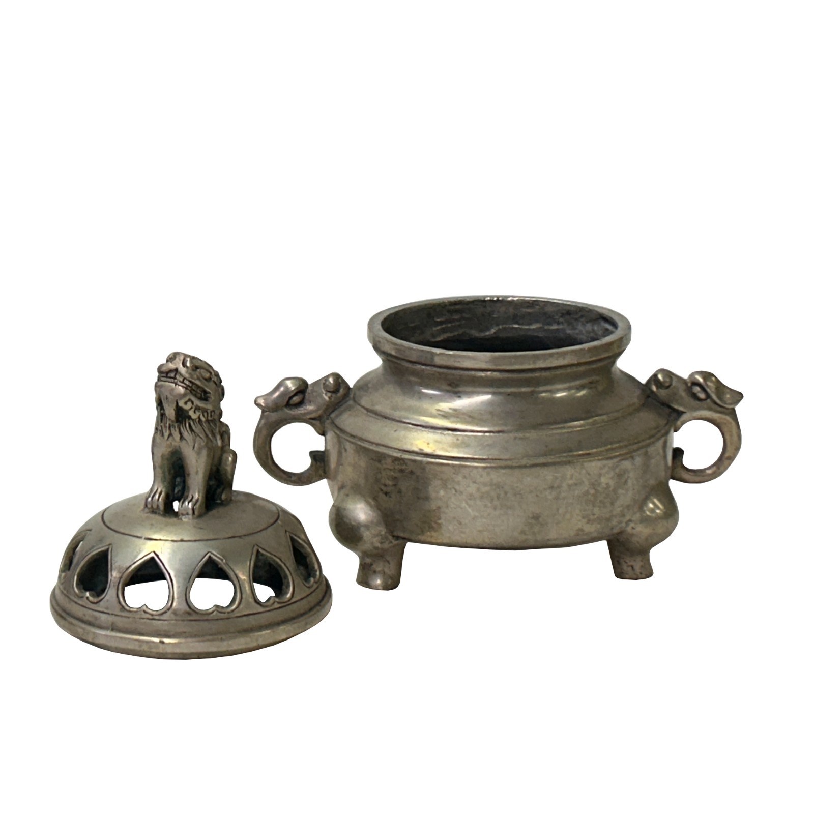Vintage Silver Pewter Color Metal Foo Dog Ding Shape Incense Holder ws4897