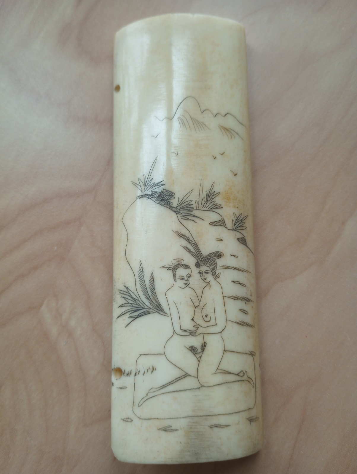 Two Antique Chinese Scrimshaw Shunga Panels Etched Erotica On Bone