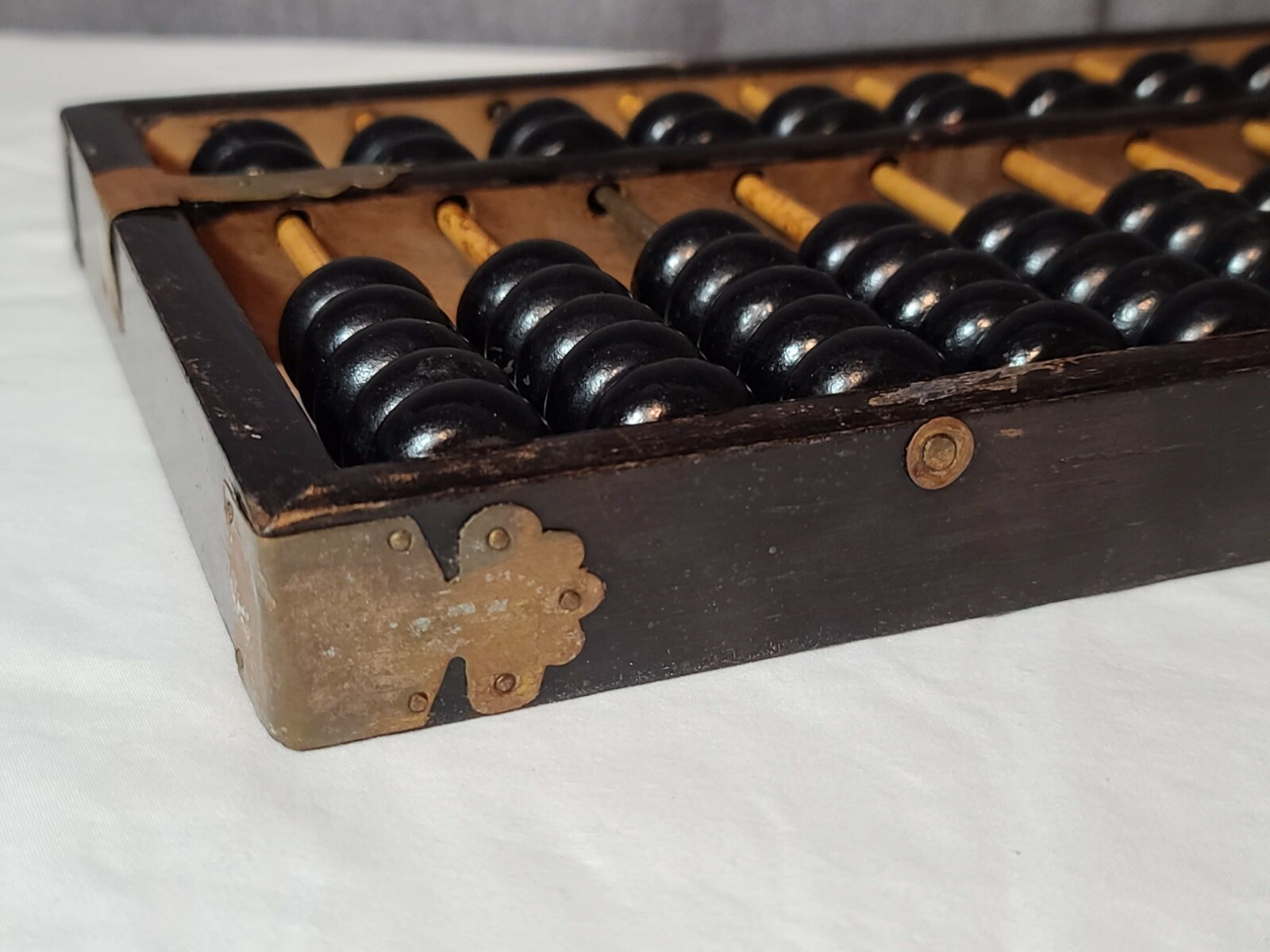 Vintage Chinese Lotus Flower Brand Abacus Wood Brass 11 Rows 77 Beads Original