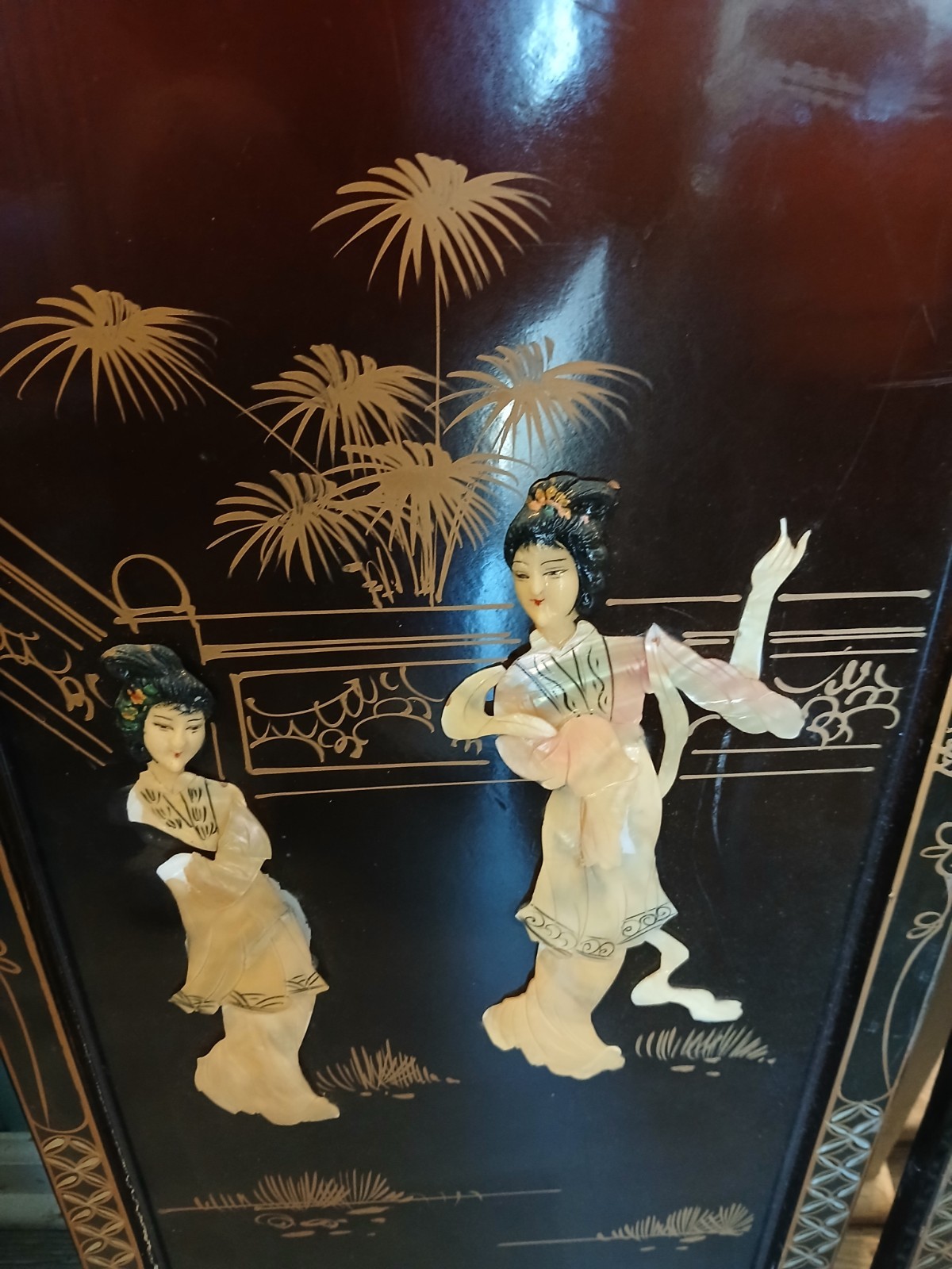 4 Vintage Asian Japanese Mother Pearl Black Lacquer Wall Panels 36″ x 12″