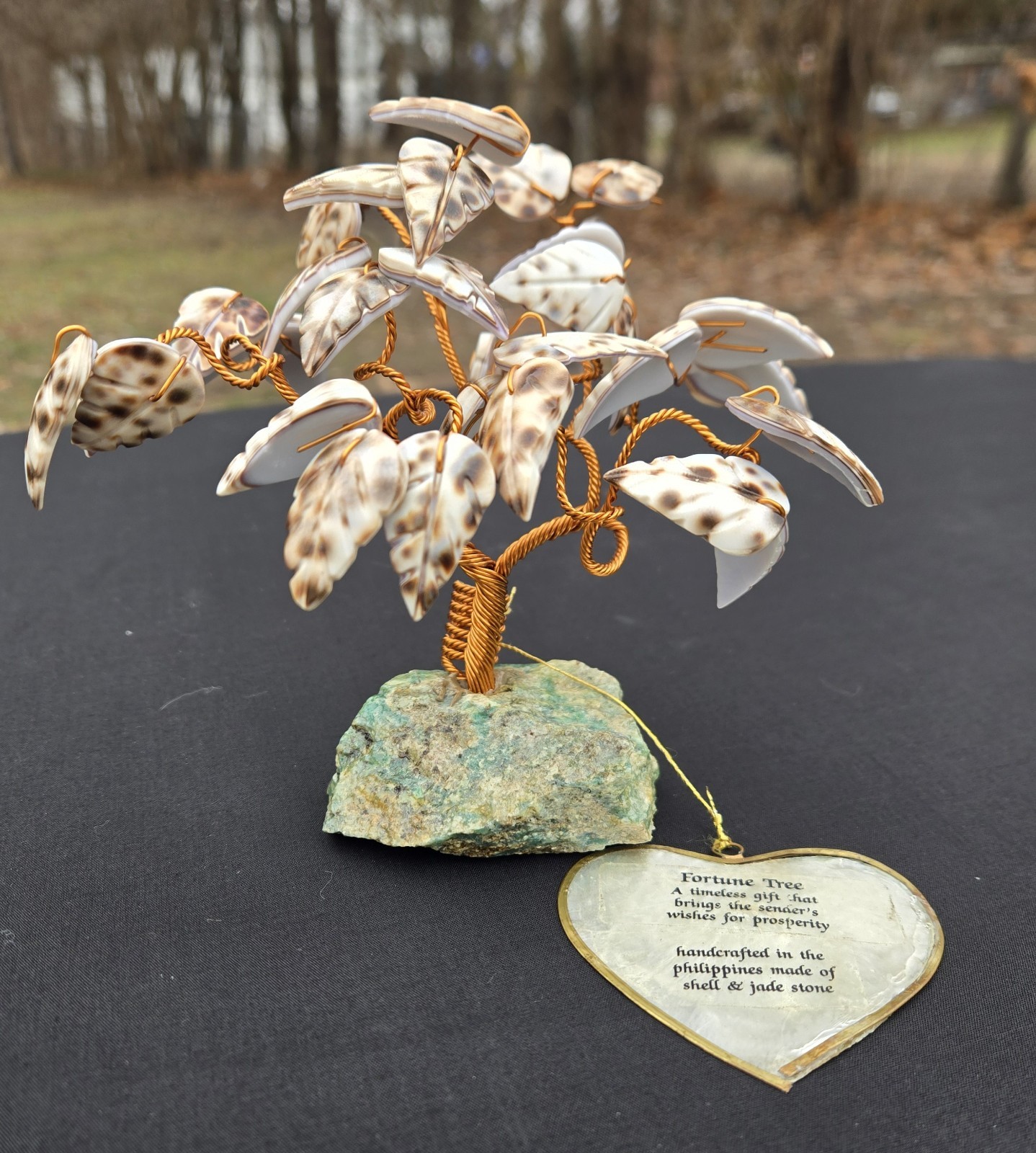 Vintage 5.5 In Fortune Copper & Carved Sea Shell Tree On Jade Stone Original Tag