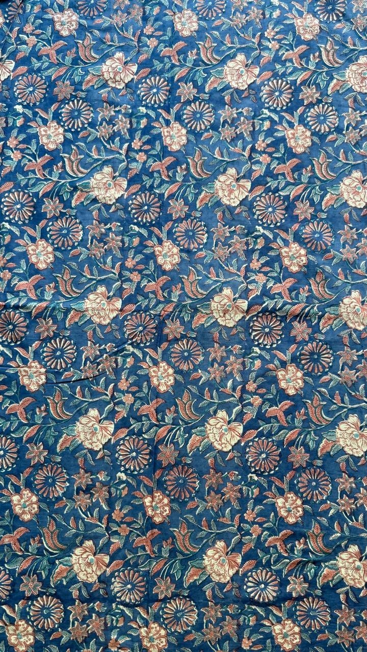 Indigo Blue Indian Floral Hand Block Print By Yard Craft,Apparel,Home Decor