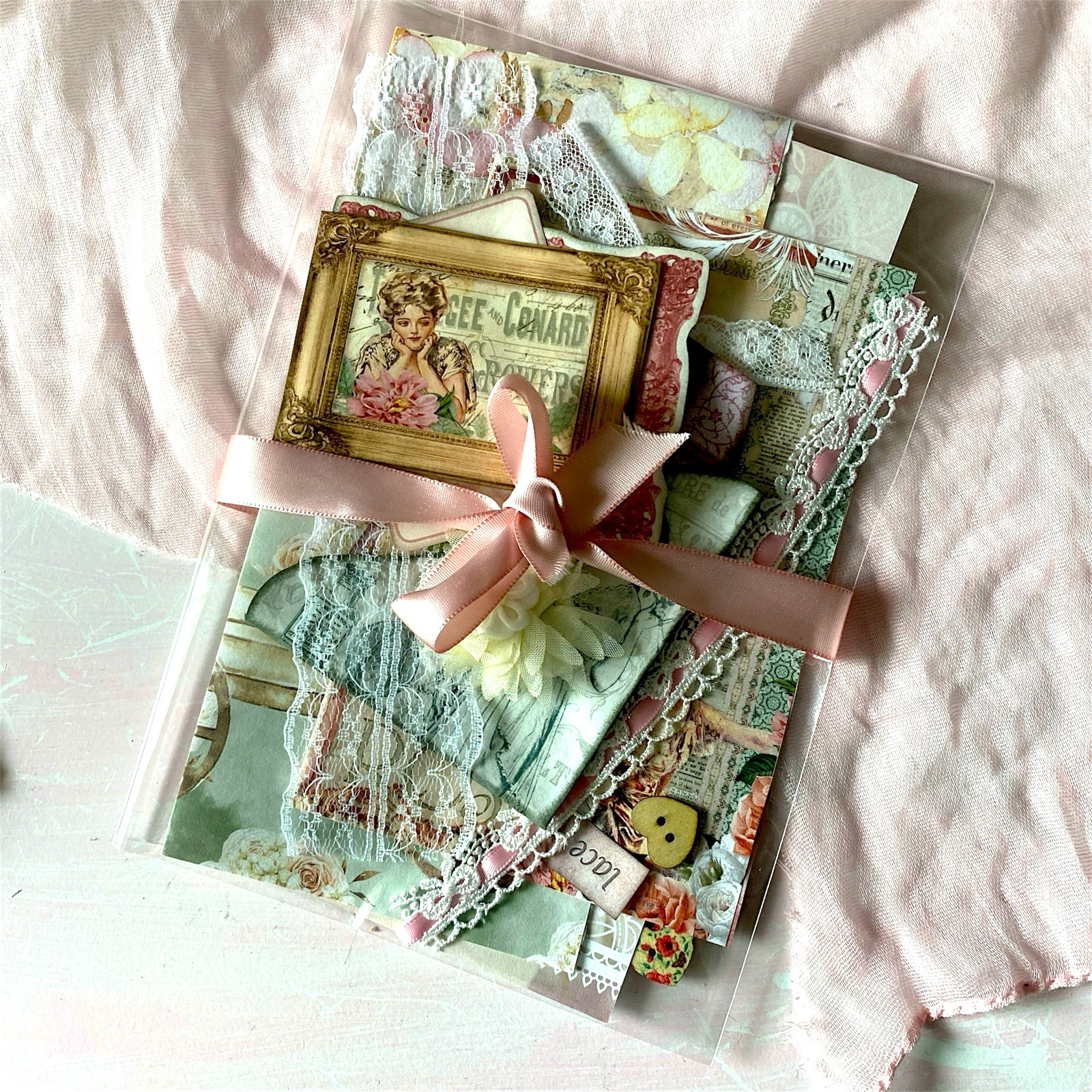 10pc Shabby Chic Handmade Junk Journal Making Kit Ephemera, Lace, Cards, Pockets