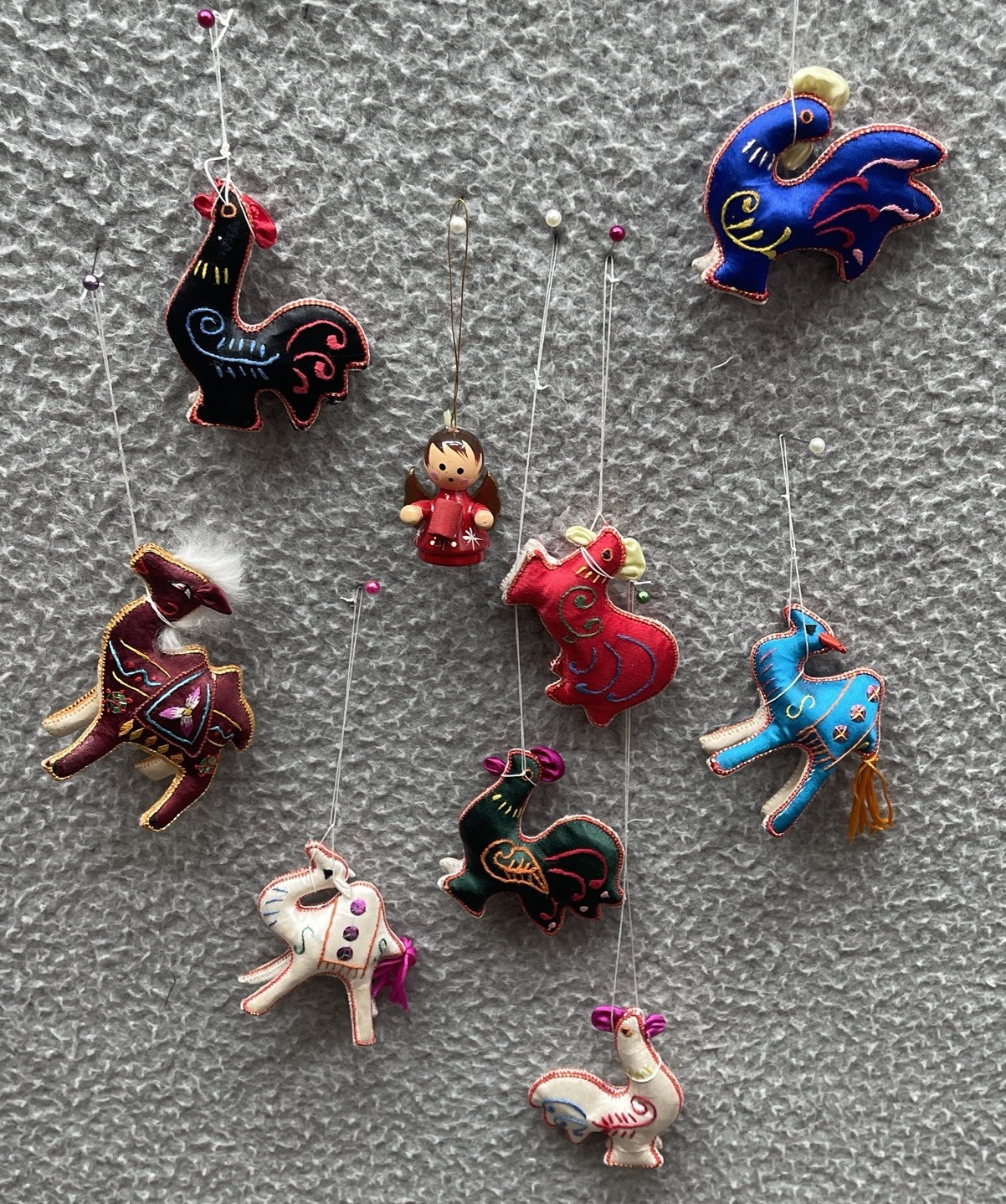 Asian Chinese Silk rooster camel Ornaments Hand Embroidered VTG 60-70s Lot 8