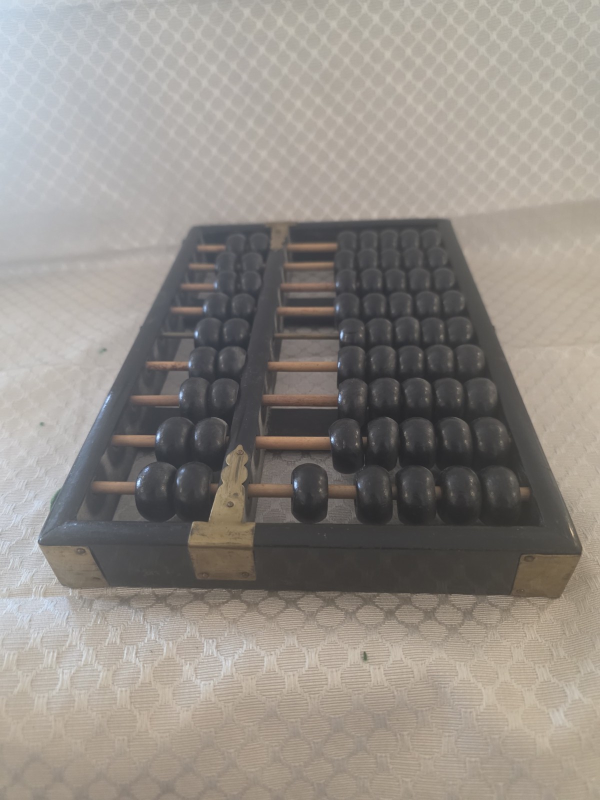 Vintage Chinese Lotus-Flower Brand Wood Abacus Suanpan 9 Column Brass Accents