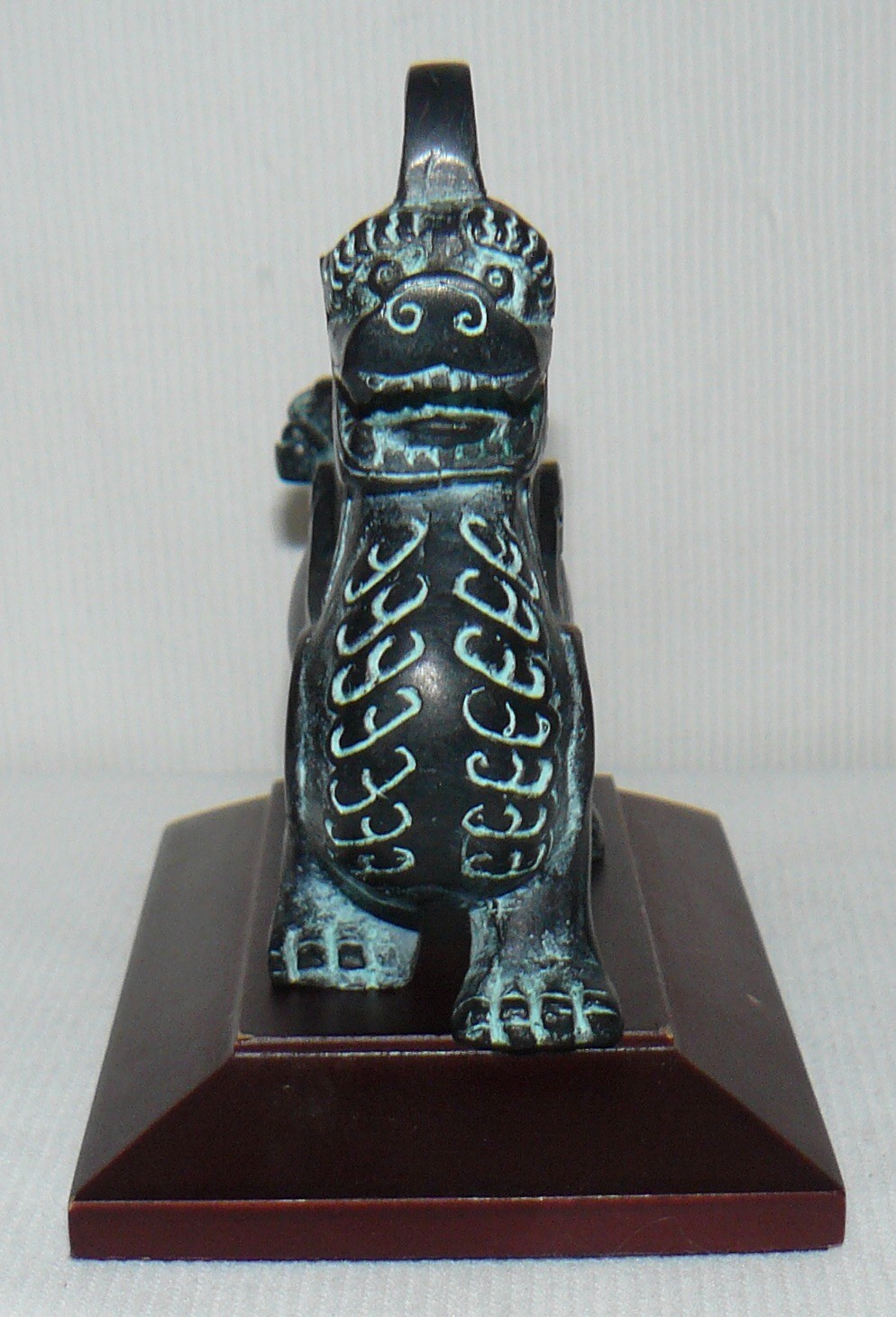 Chinese Bronze Griffin On Wood Stand 5×5″ Hollow