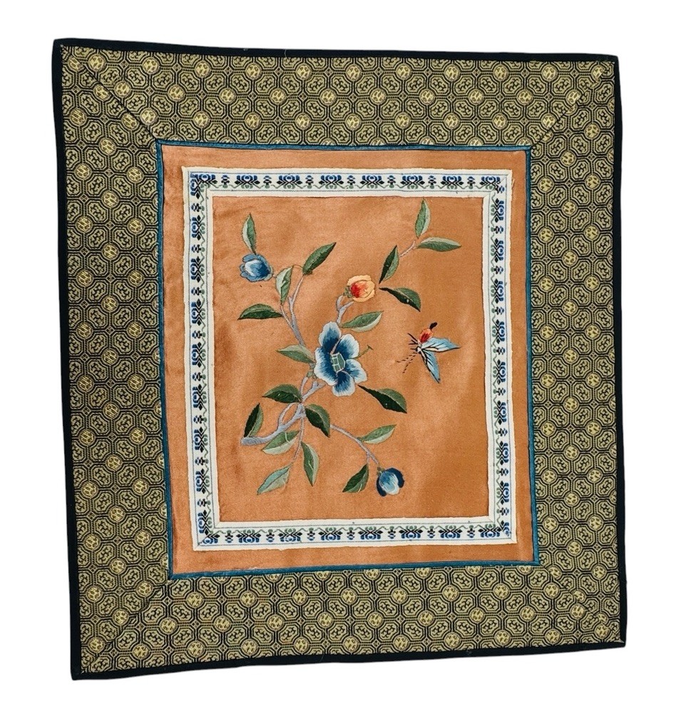 5 COLORFUL SILK PLACE MATS W/FLORAL EMBROIDERY, MADE IN CHINA, 11″ X 10″