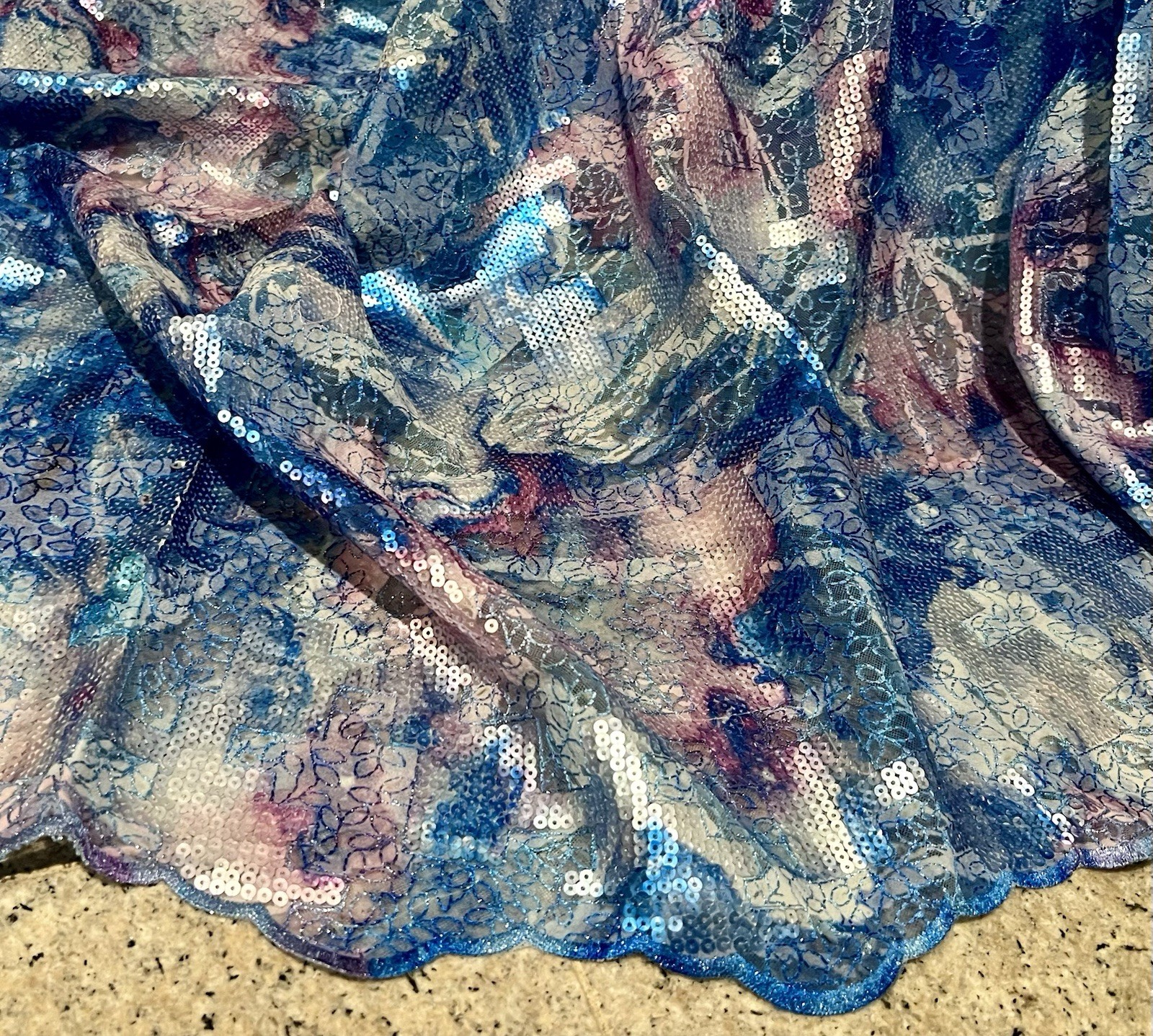 2.5 Yard Blue Pink Silver Sequins Embroidered Lace Fabric 50” Width