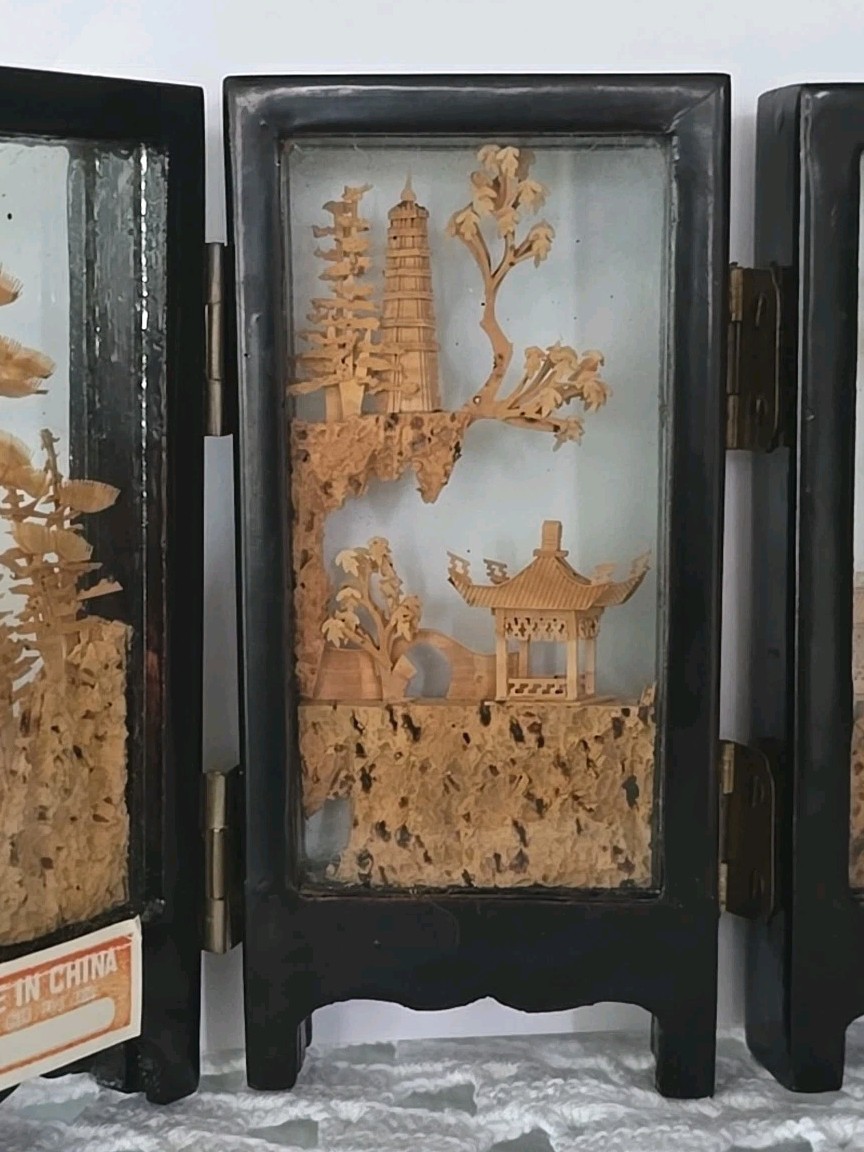 Vintage SAN YOU Cork Art Diorama 4 Scenes Paneled 4.5″ × 9.5″ × 3/4″ Chinese