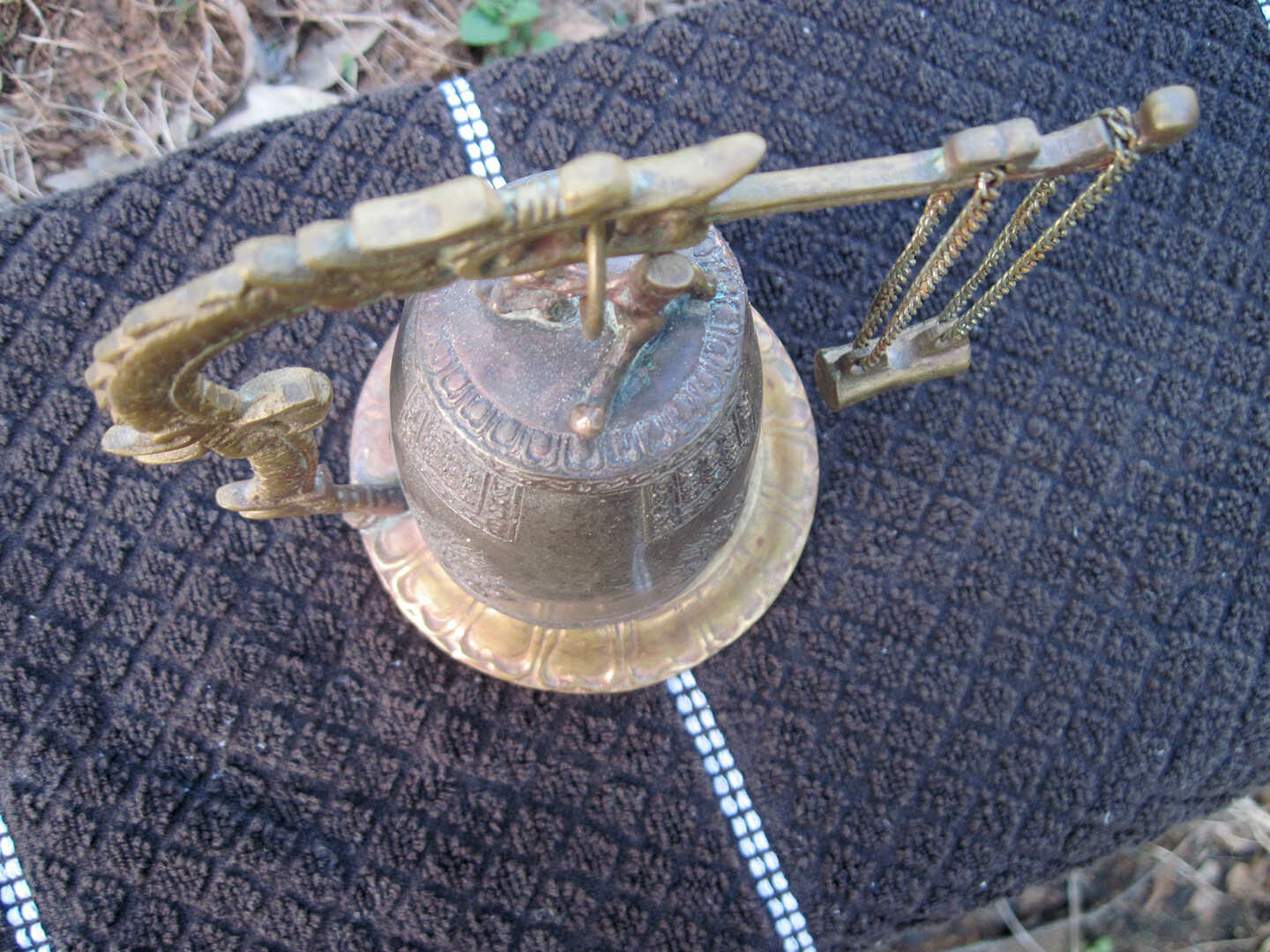 Vintage Asian / Oriental Bronze or Brass Dragon Bell w/ Swinging Hammer