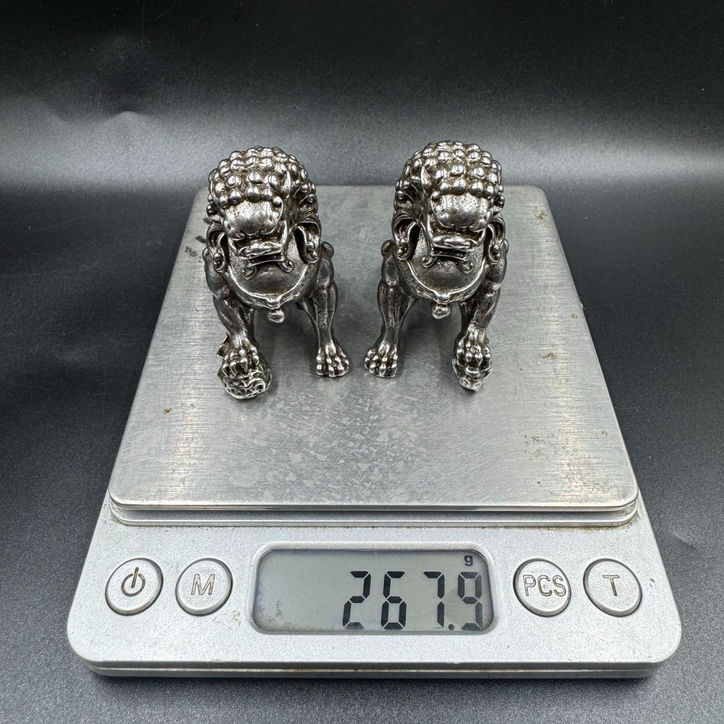 Pair Silver Tone Metal Chinese Foo Dog Lion Mini Statues Feng Shui Protection