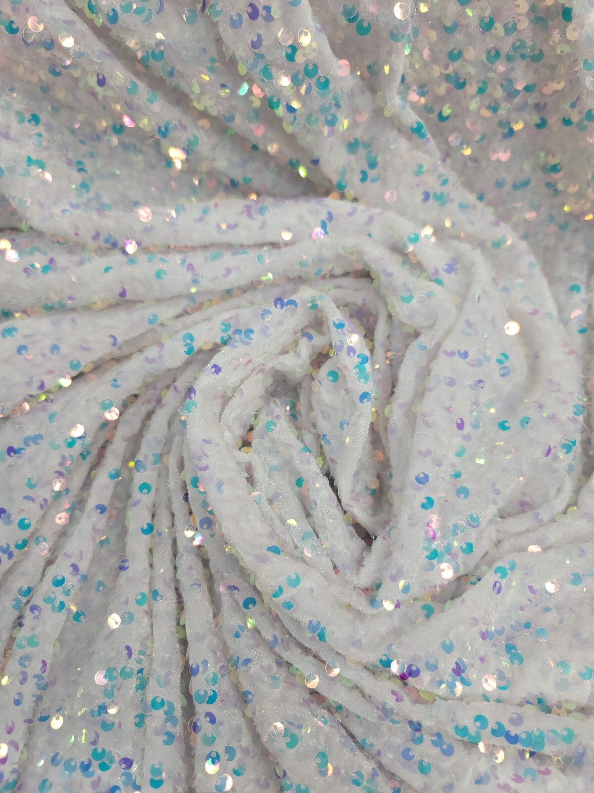 White Velvet Clear Iridescent Sequin Fabric By Yard Shine Sparkle Fashion Stretc