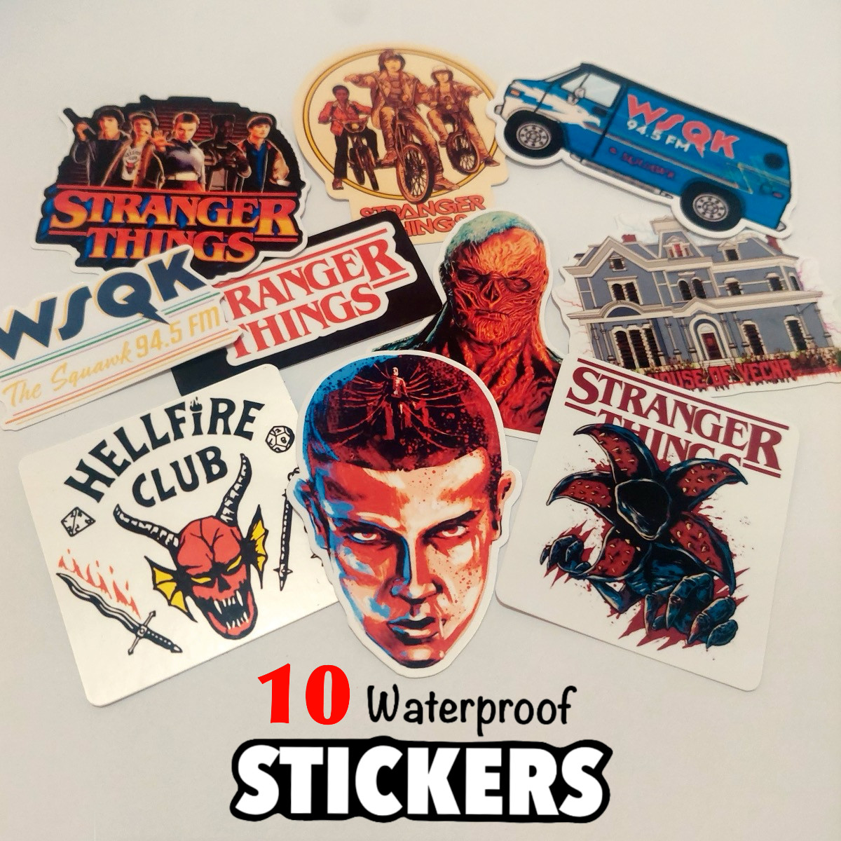 10 Stranger Things Waterproof Vinyl Stickers (Size 2 Inches Plus )