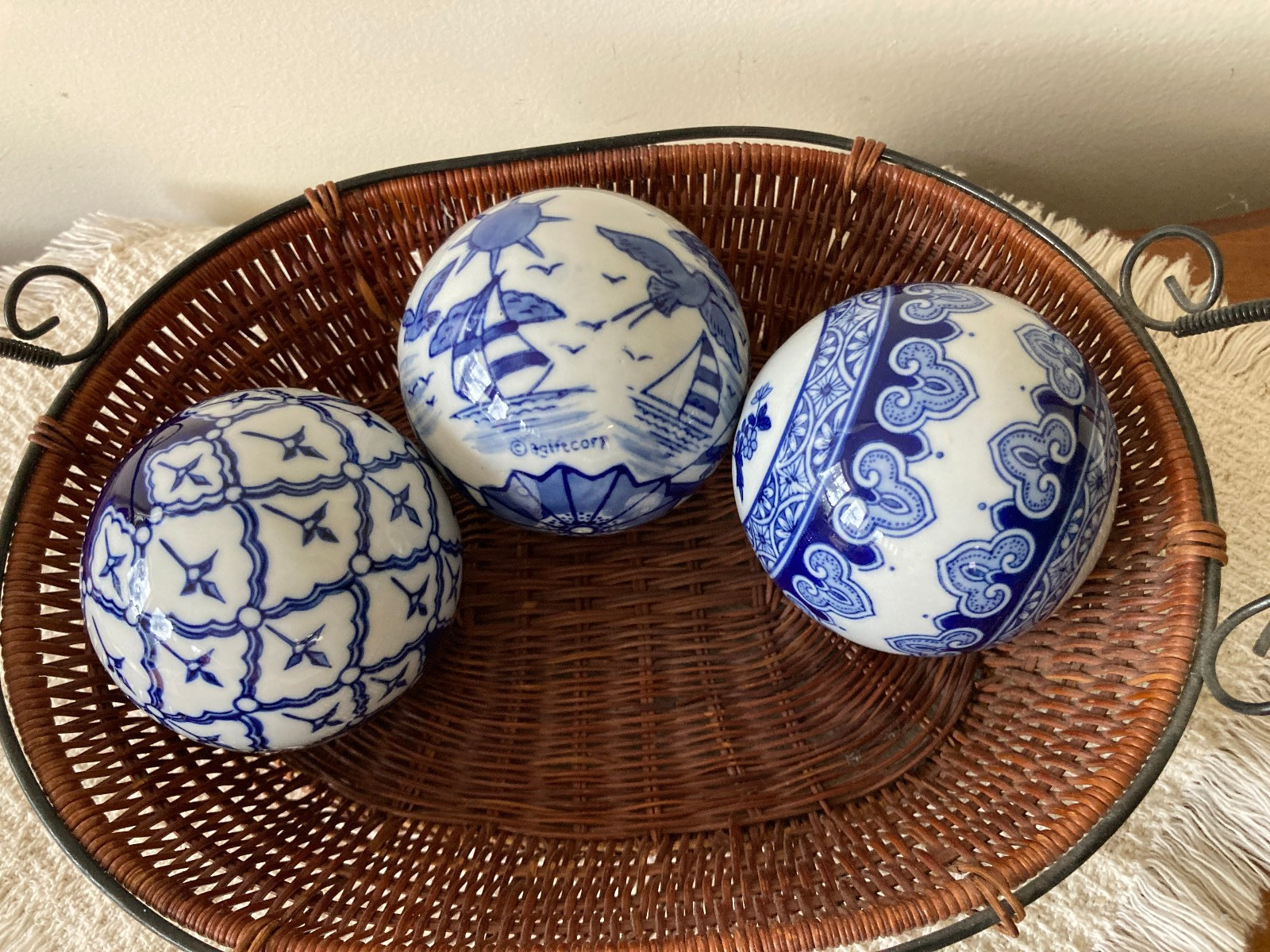Lot~3 Cobalt Blue & White Carpet Balls 3.25-3.5″ Geometric Patterns & Lighthouse