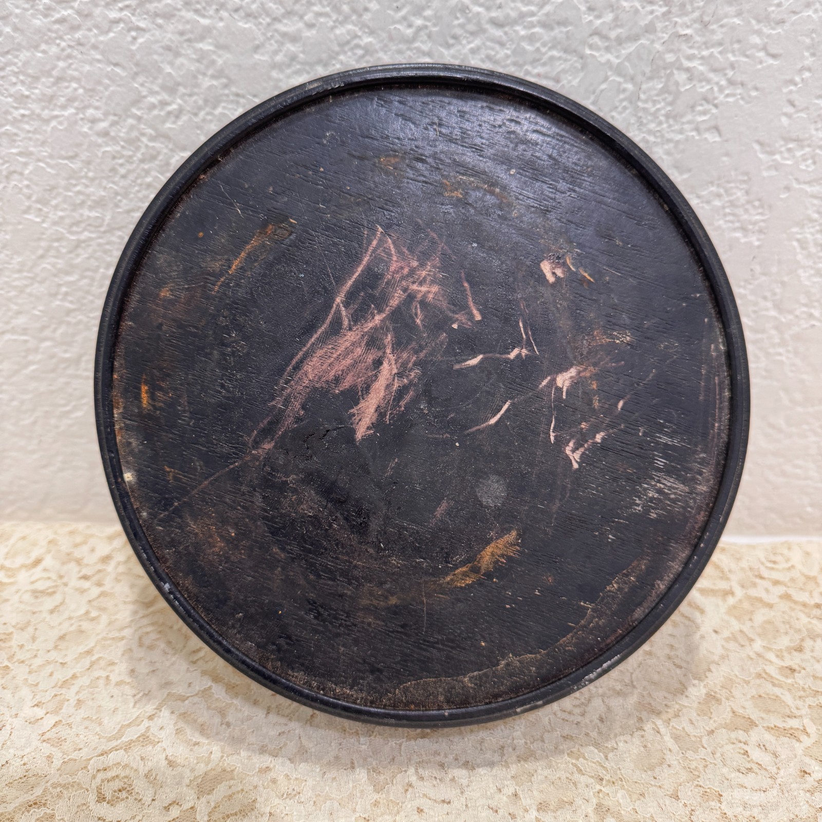 Round Chinese Wood Display Stand Black Asian Vase Bonsai Pedestal 9” Vintage