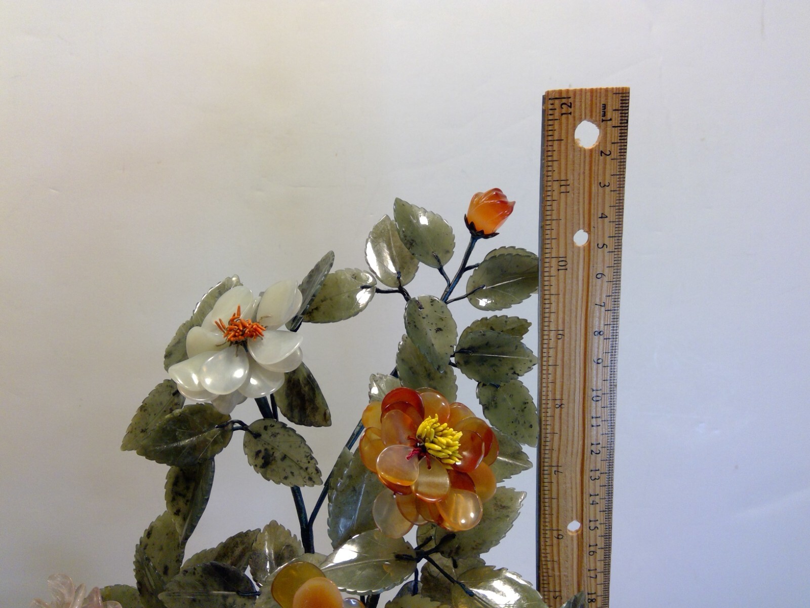 Vintage Chines Cloisonne Pot Bonsai Tree Craved Stone Flowers & Leaves 11″ Tall