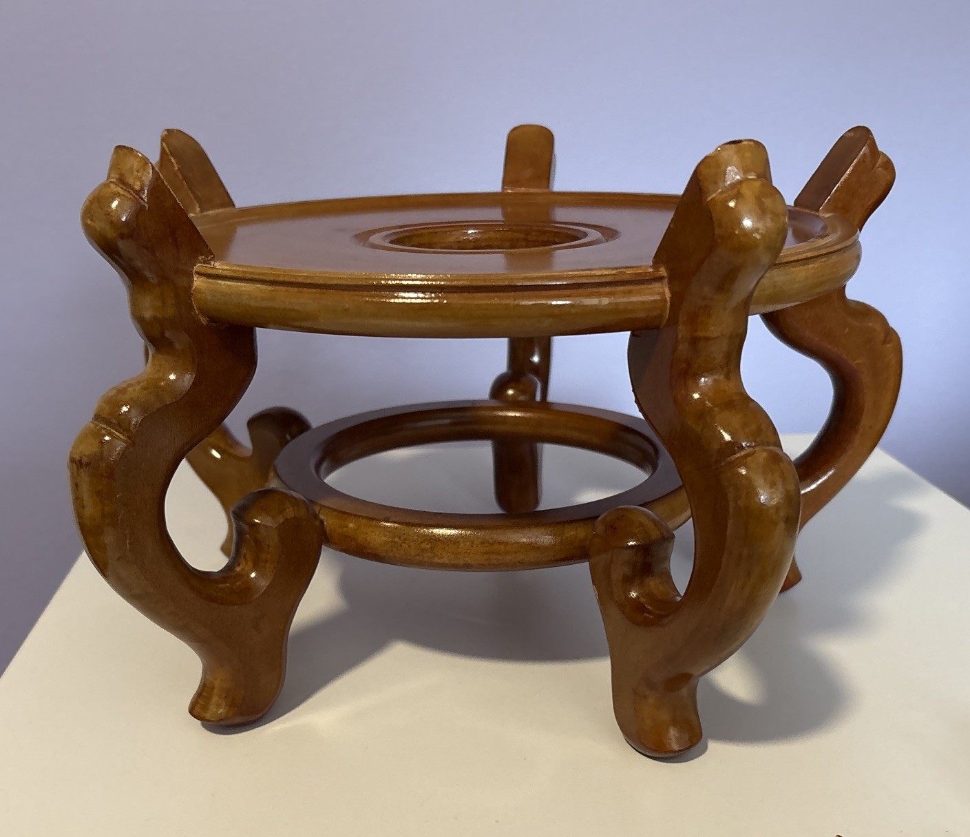 Carved Wood Plant Stand Display Honey Brown Vase Fish Bowl Asian Oriental 10”