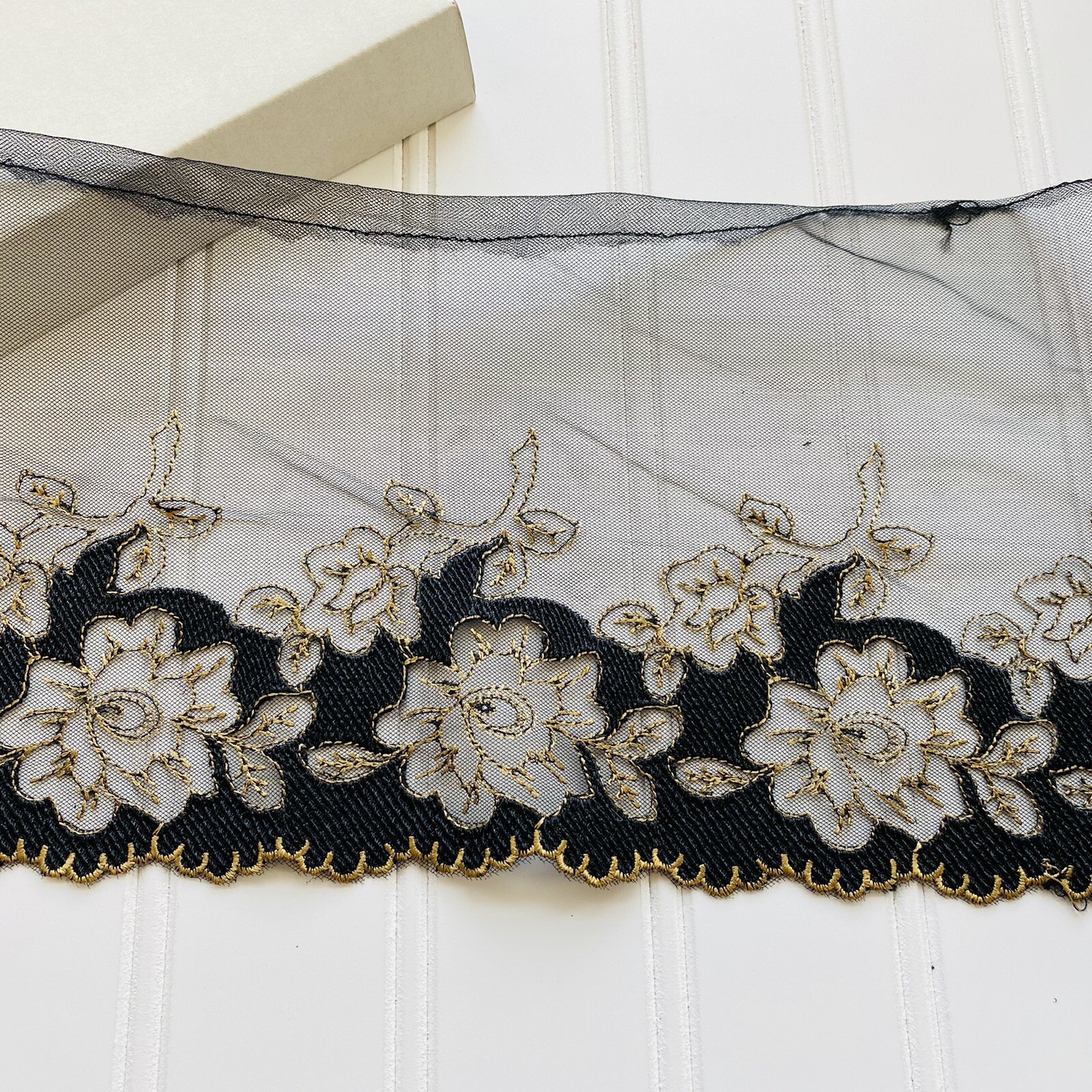 Black & Gold Floral Embroidered Lace Trim for Sewing/Bridal/Crafts/6″ Wide