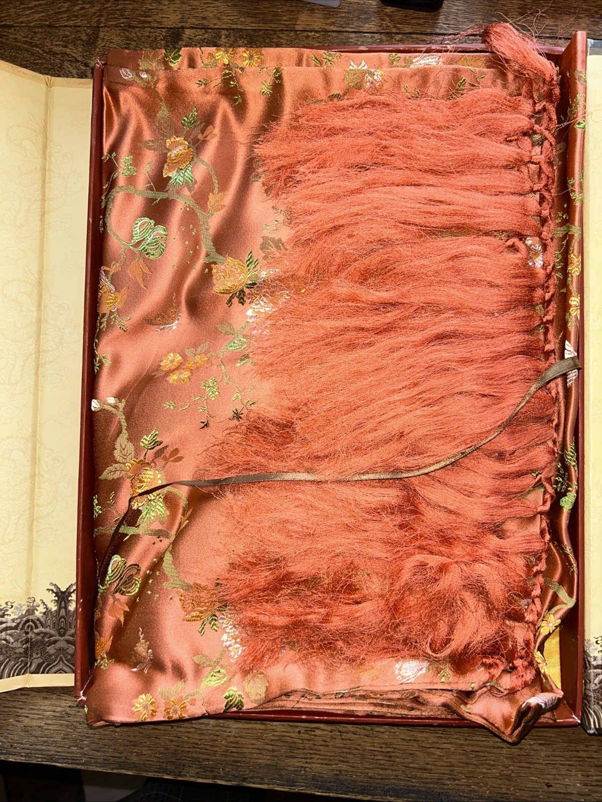 Silk Scarf Yun Brocade of China Red with Gold In Original Box With Tags
