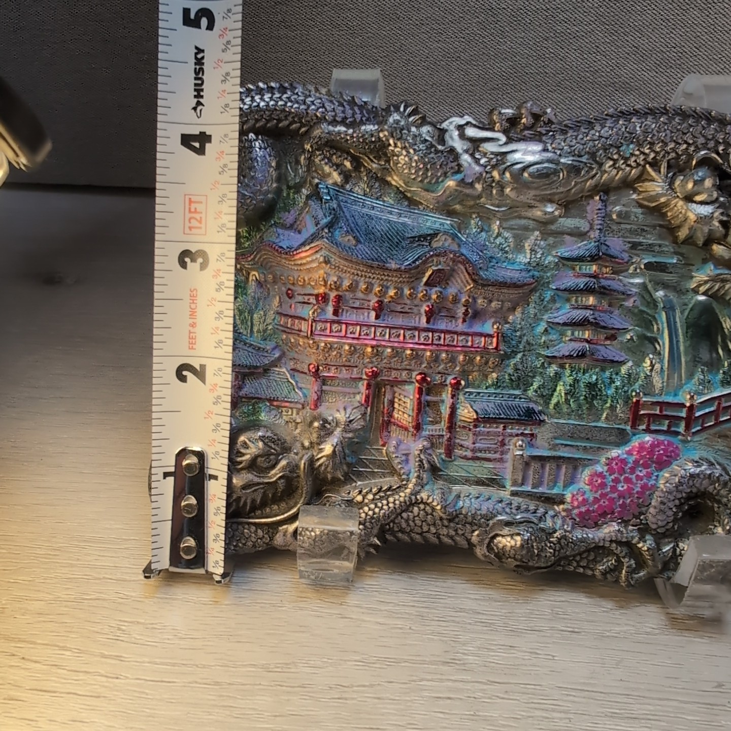 Antique Chinese Dragon Repousse Metal Tray Plaque Wall Art Jewelry Box Lid 7″x4″