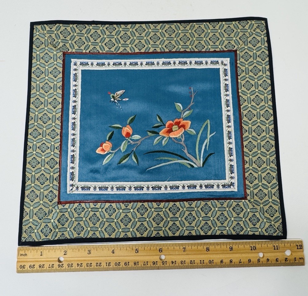 5 COLORFUL SILK PLACE MATS W/FLORAL EMBROIDERY, MADE IN CHINA, 11″ X 10″