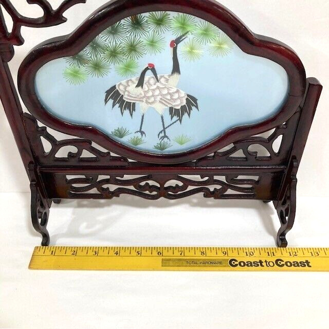 Chinese Oriental Asian 2 Sided Embroidered Cranes Screen Wooden Stand Holder