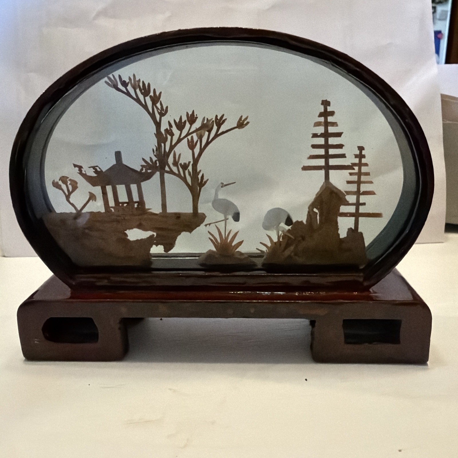 Carved Cork Diorama Asian Oriental 3D Art Miniature Cranes Vintage 6”x4.5”x1.5”