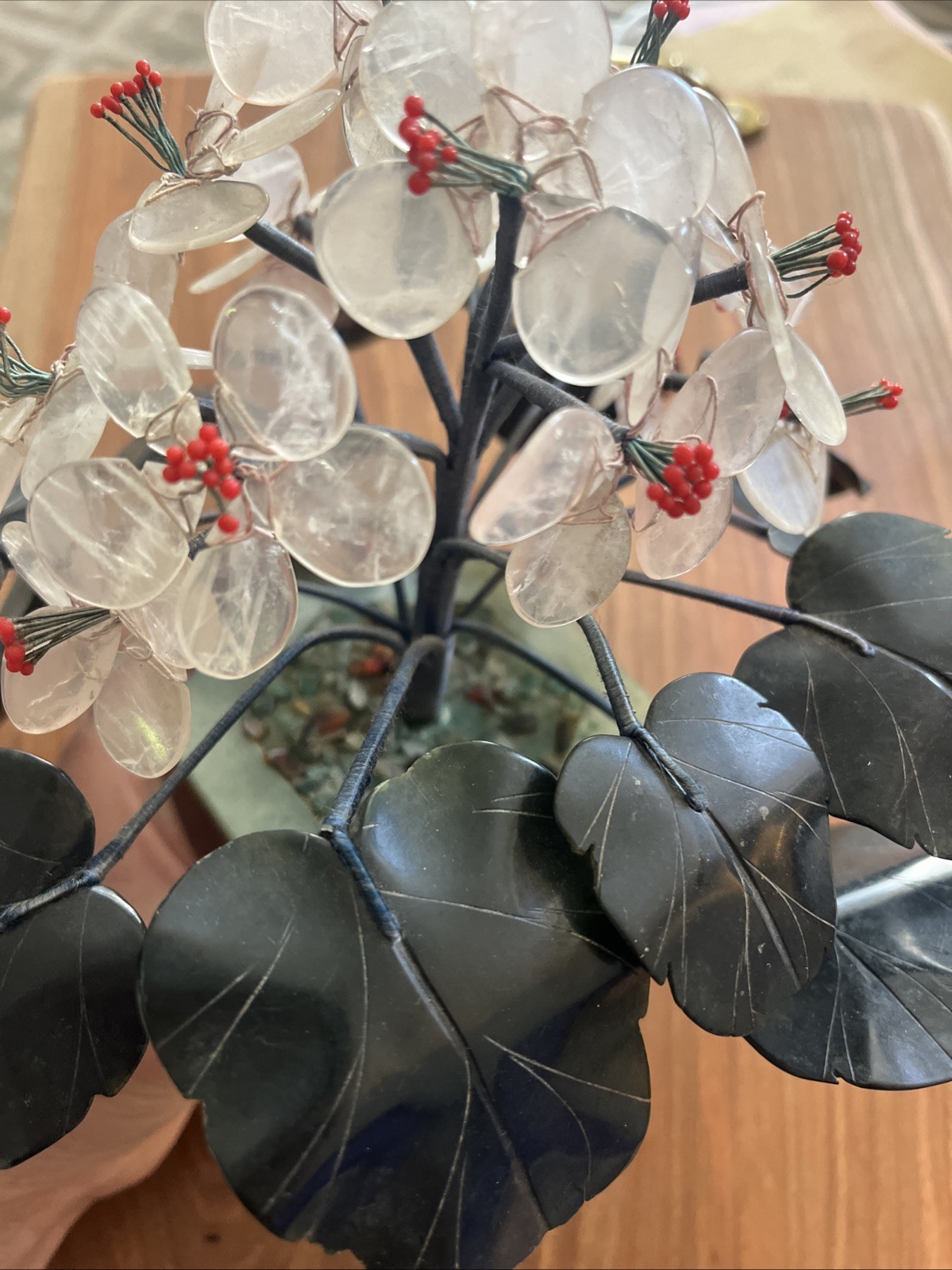 Unique VINTAGE CHINESE JADE STONE FLOWER TREE 7.5” Hand carved Tree