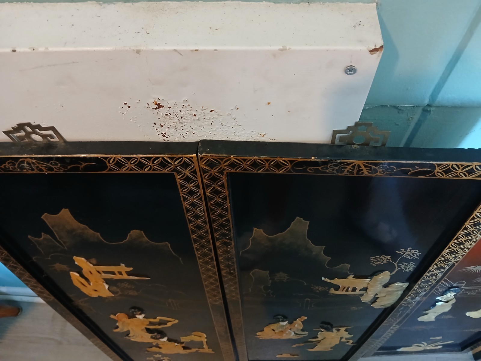 4 Vintage Asian Japanese Mother Pearl Black Lacquer Wall Panels 36″ x 12″