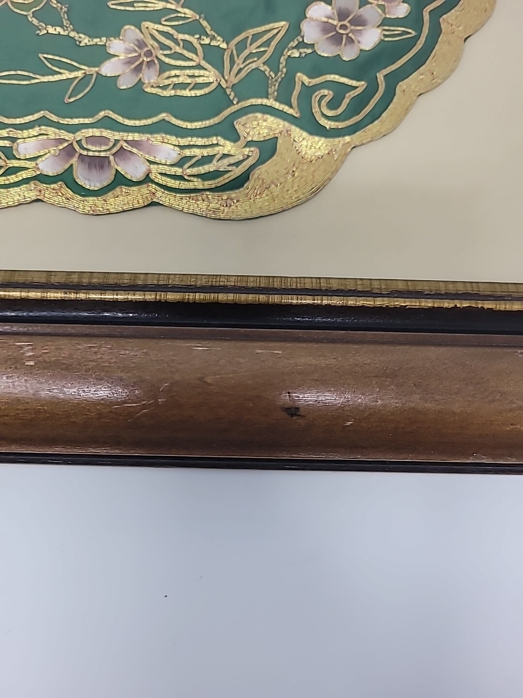 Two Framed Vintage Golden Cloud Green Chinese Hand Embroidered Panel