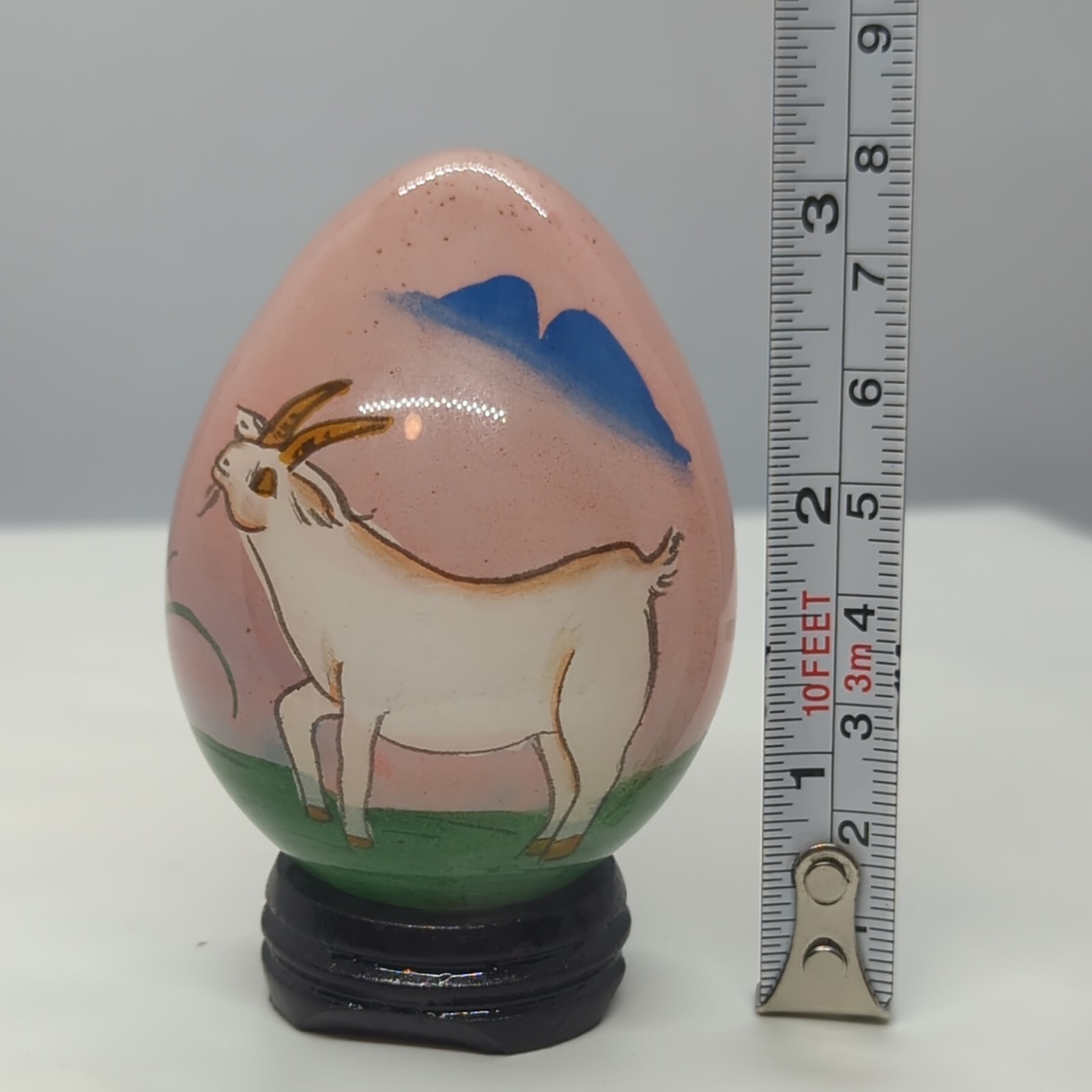 Chinese Reverse Hand-painted Art Glass Egg Depicting White Goat w/Stand 3.25″H
