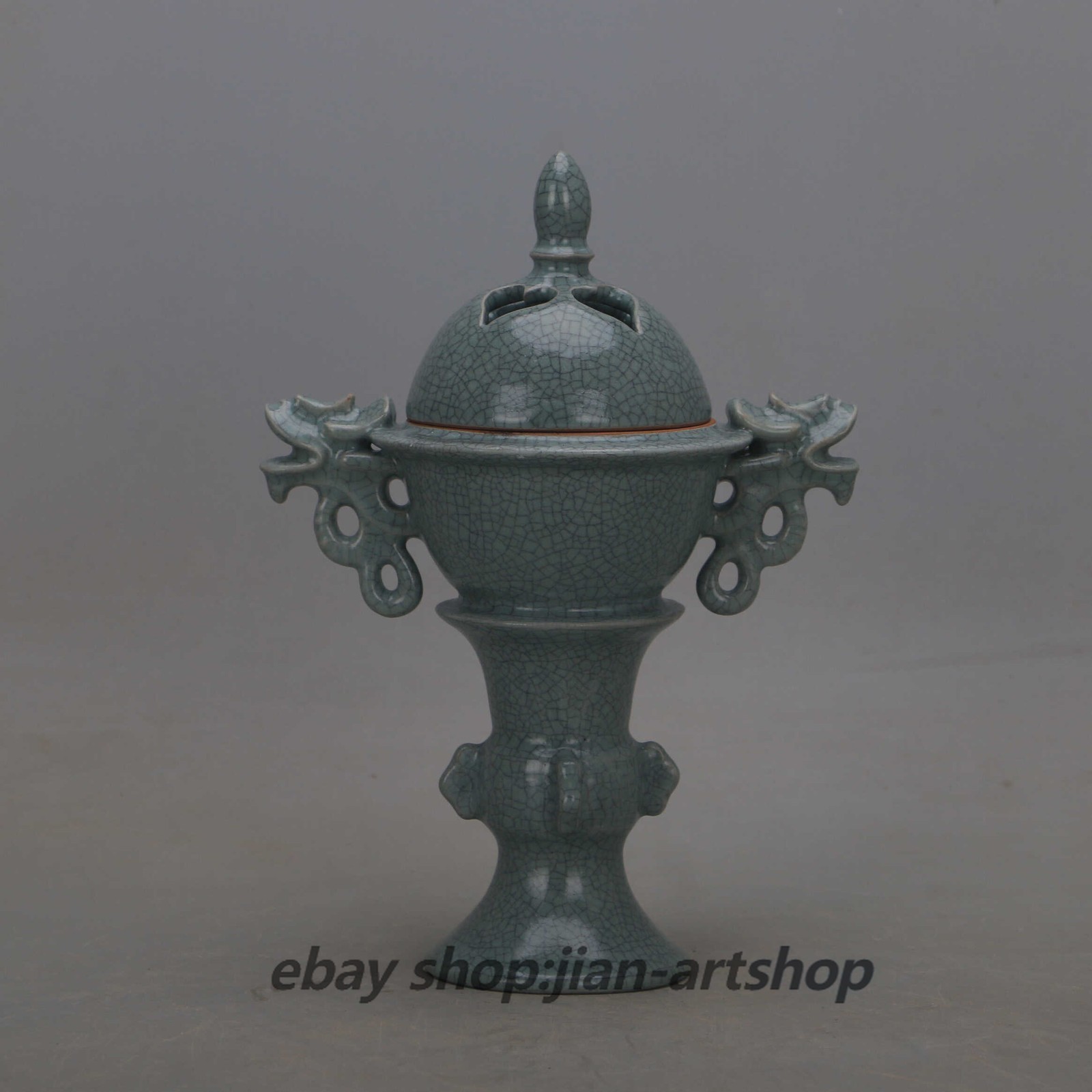 9″ China Ruyao Celadon Glaze Porcelain Ice Cracks Dragon Two Ear Incense Burner