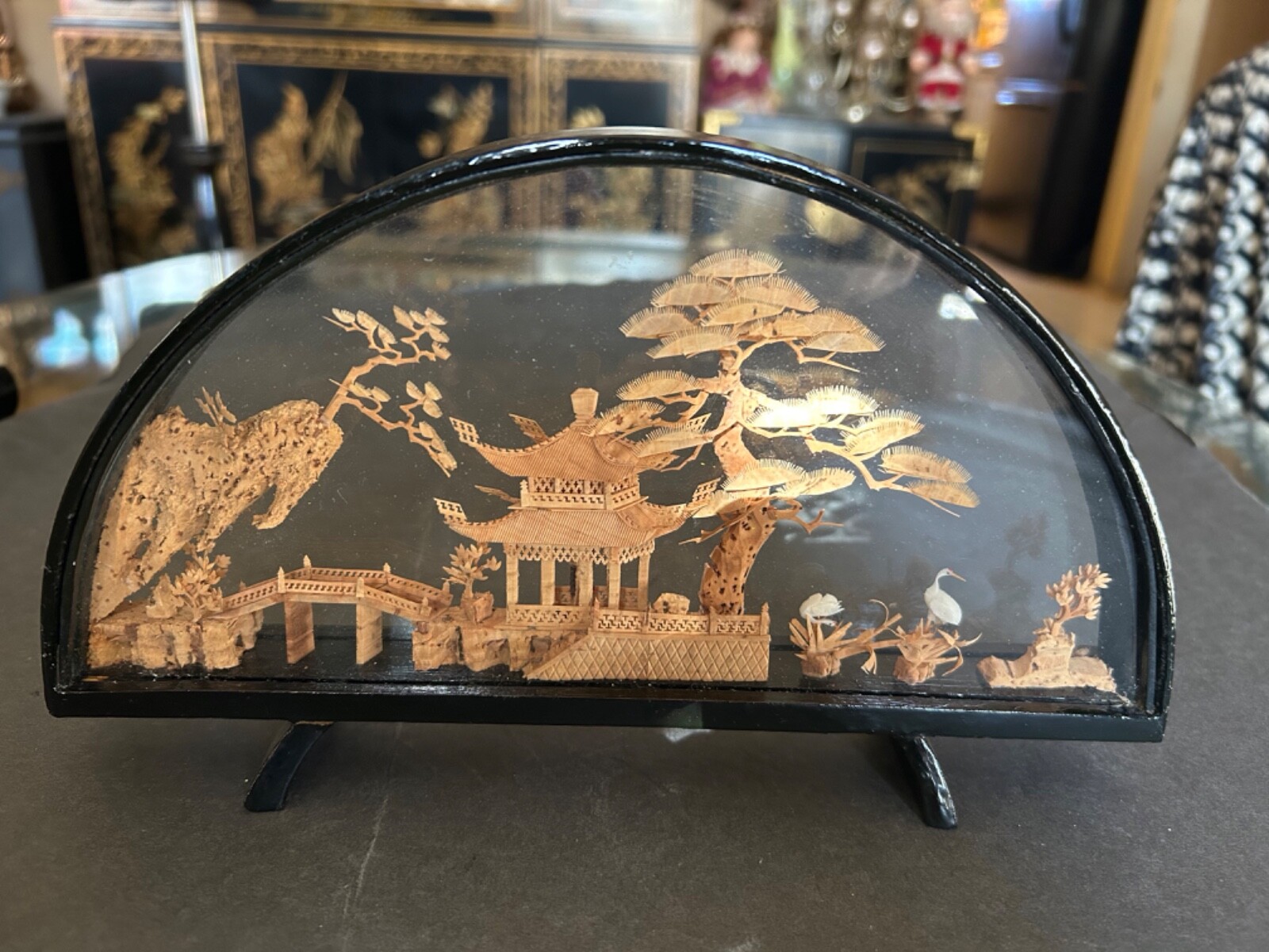 VINTAGE CHINESE SAN YOU DIORAMA CORK CARVING GLASS CASE PAGODA TREES & CRANES.