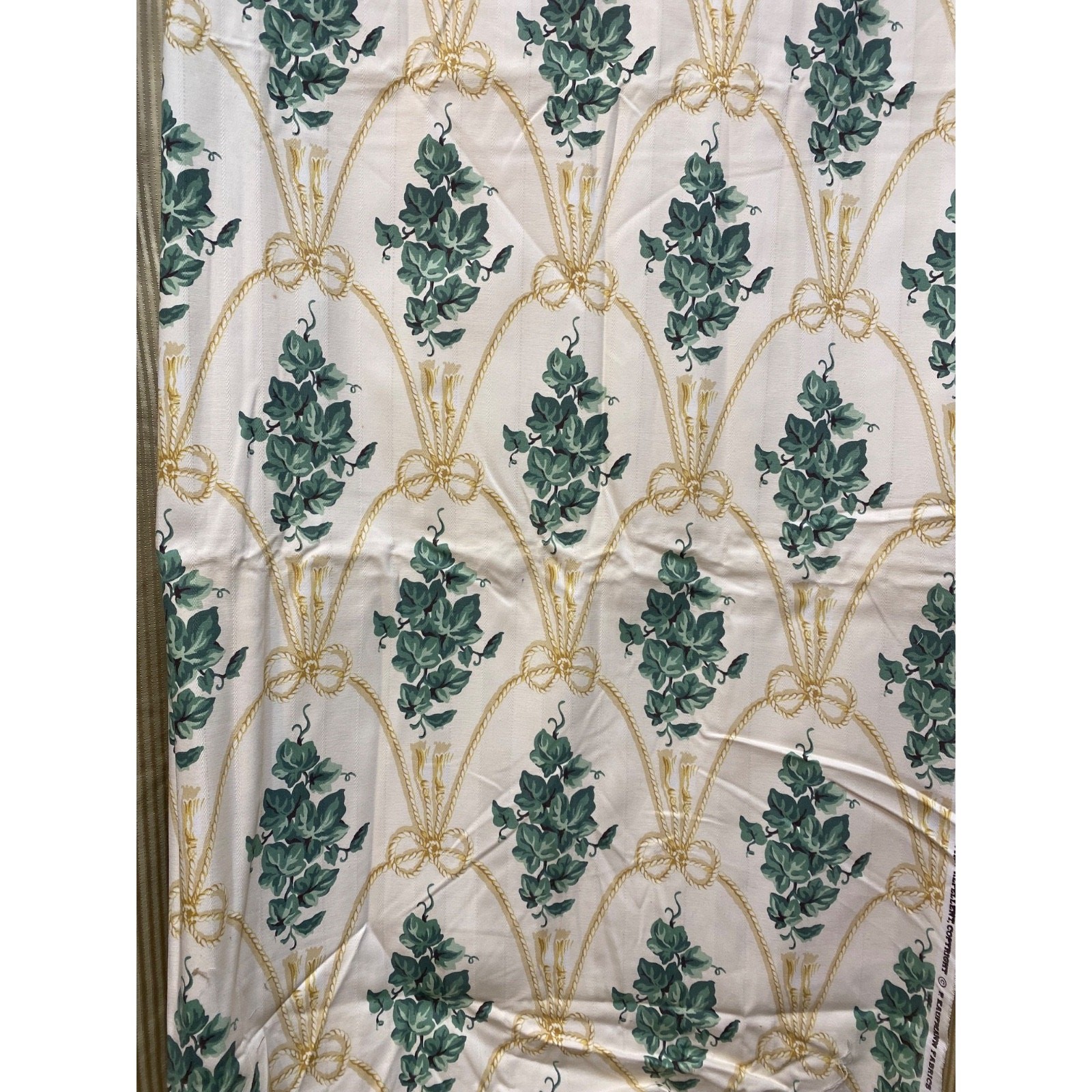 P. Kaufmann fabric pale yellow green ivy leaves white rope Cord Tassels 54″x200″