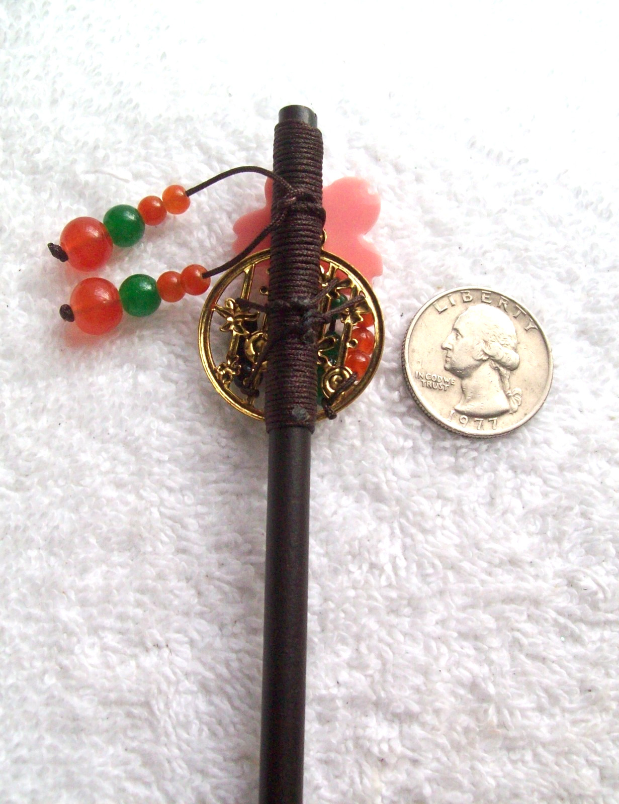 Vintage Japanese Decorative Wood & Stone Hair Pick