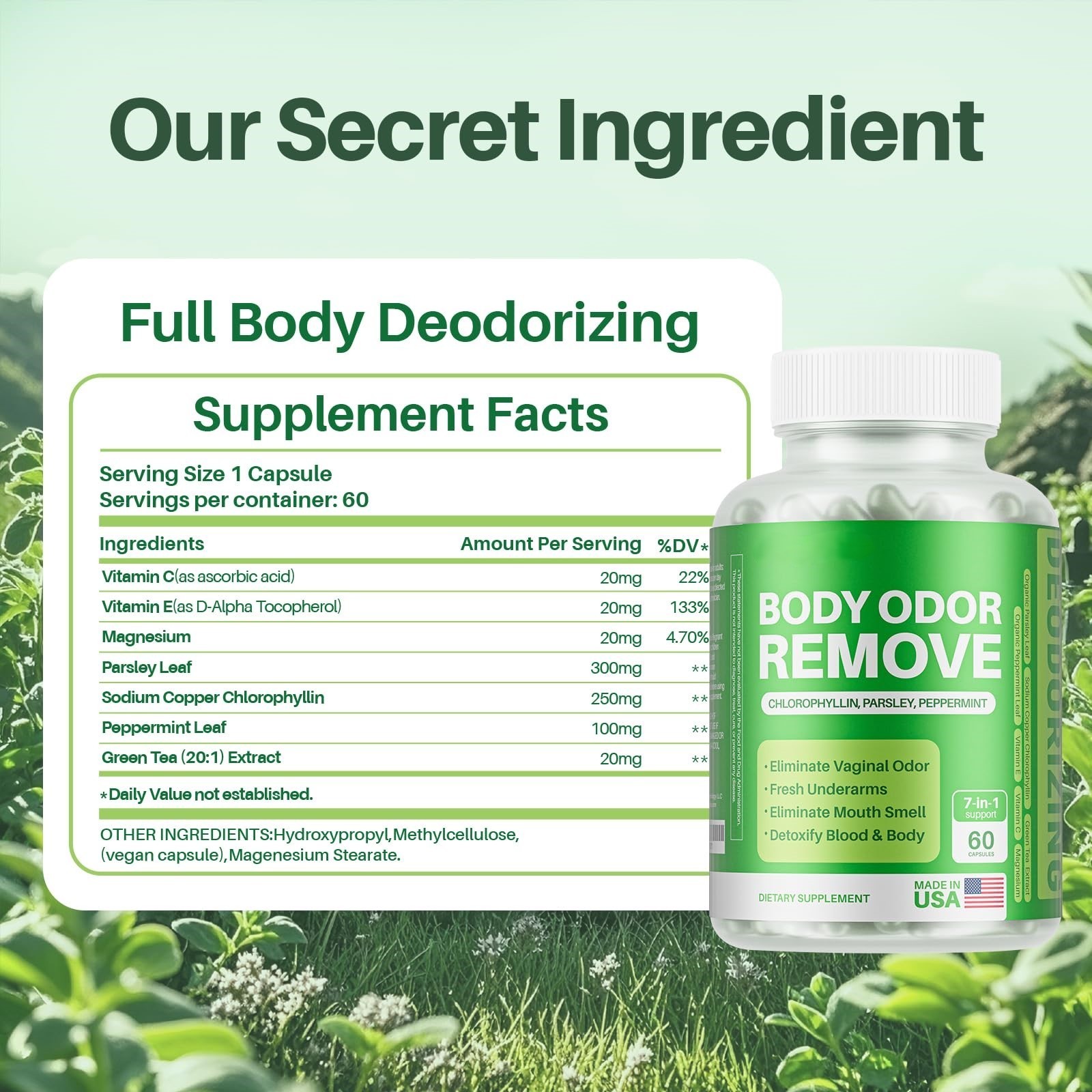 Natural Internal Odor Control Pills for Men & Women, Body Deodorizing Supplement